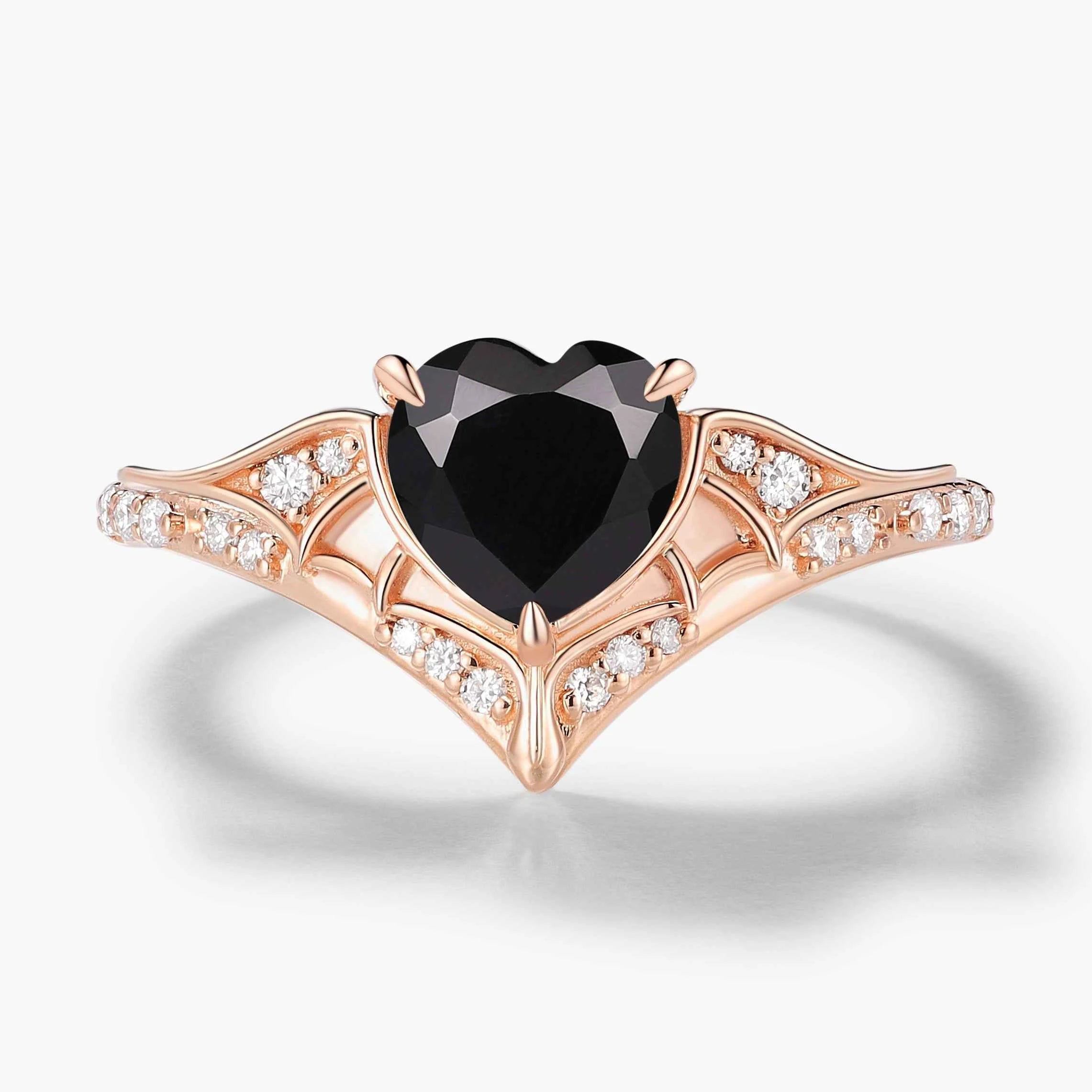 Bat Wing Inspired Black Onyx Heart Cut Ring