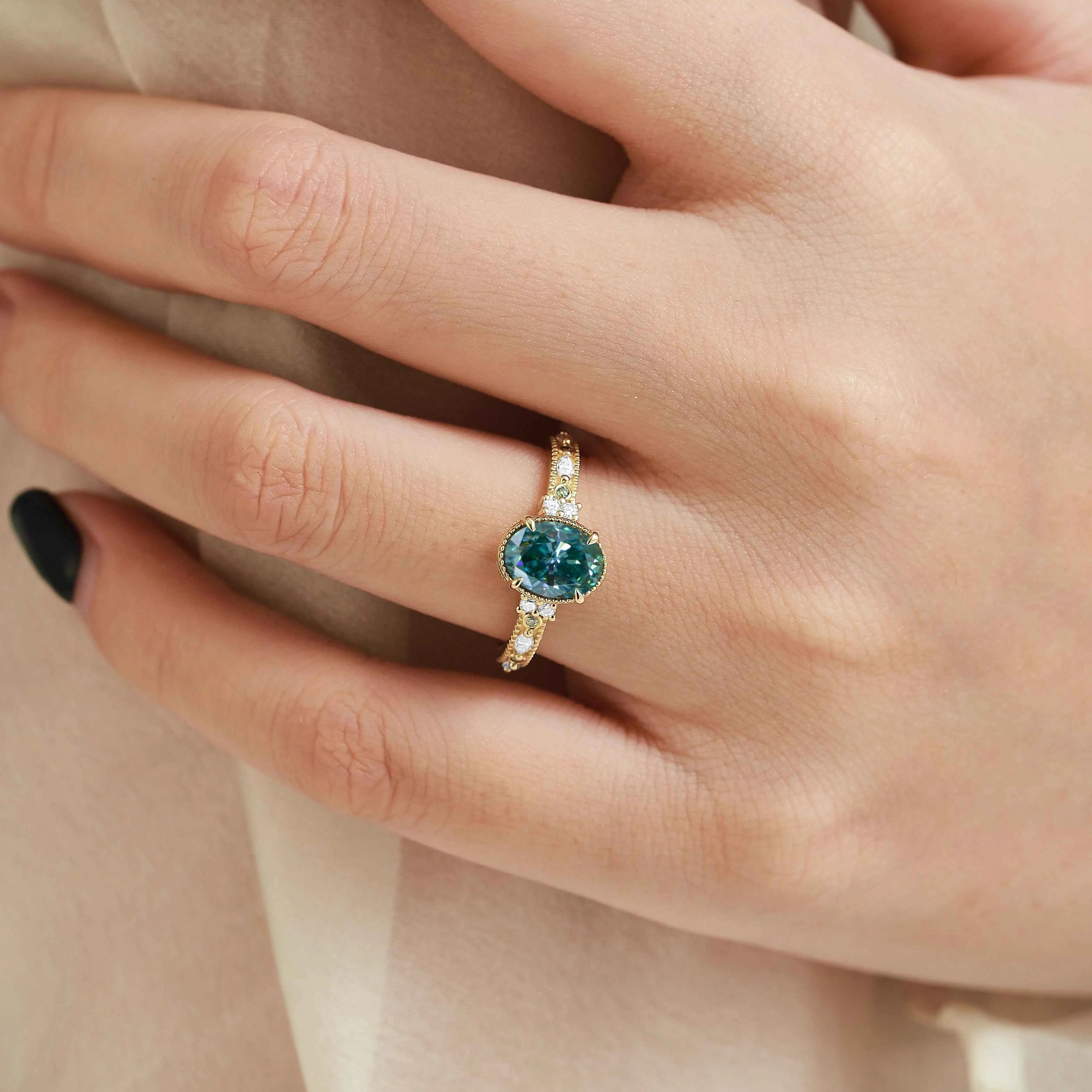 Classic Oval Cut Green Moissanite Bezel Engagement Ring