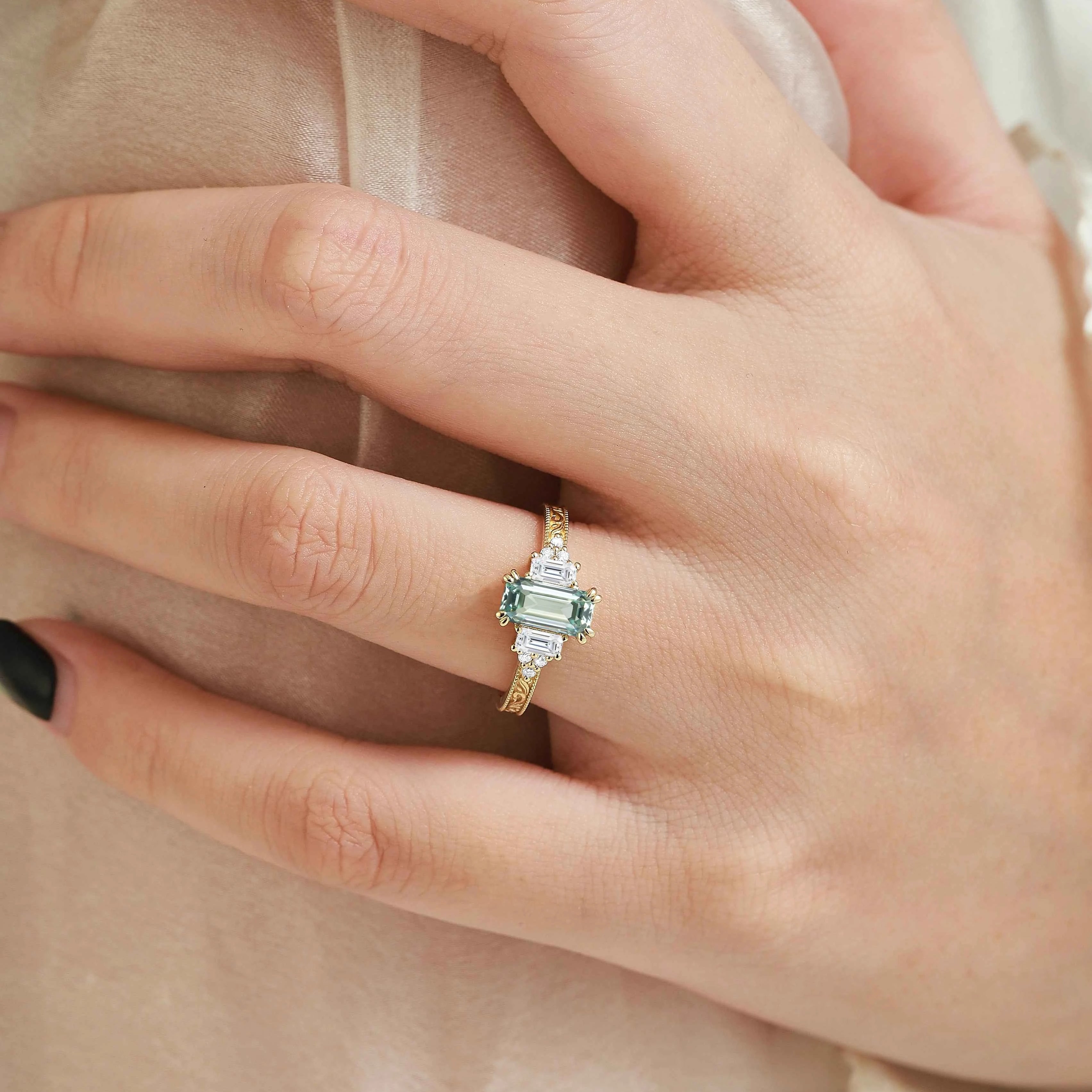 Emerald Cut green Sapphire Three-Stone Bezel Engagement Ring