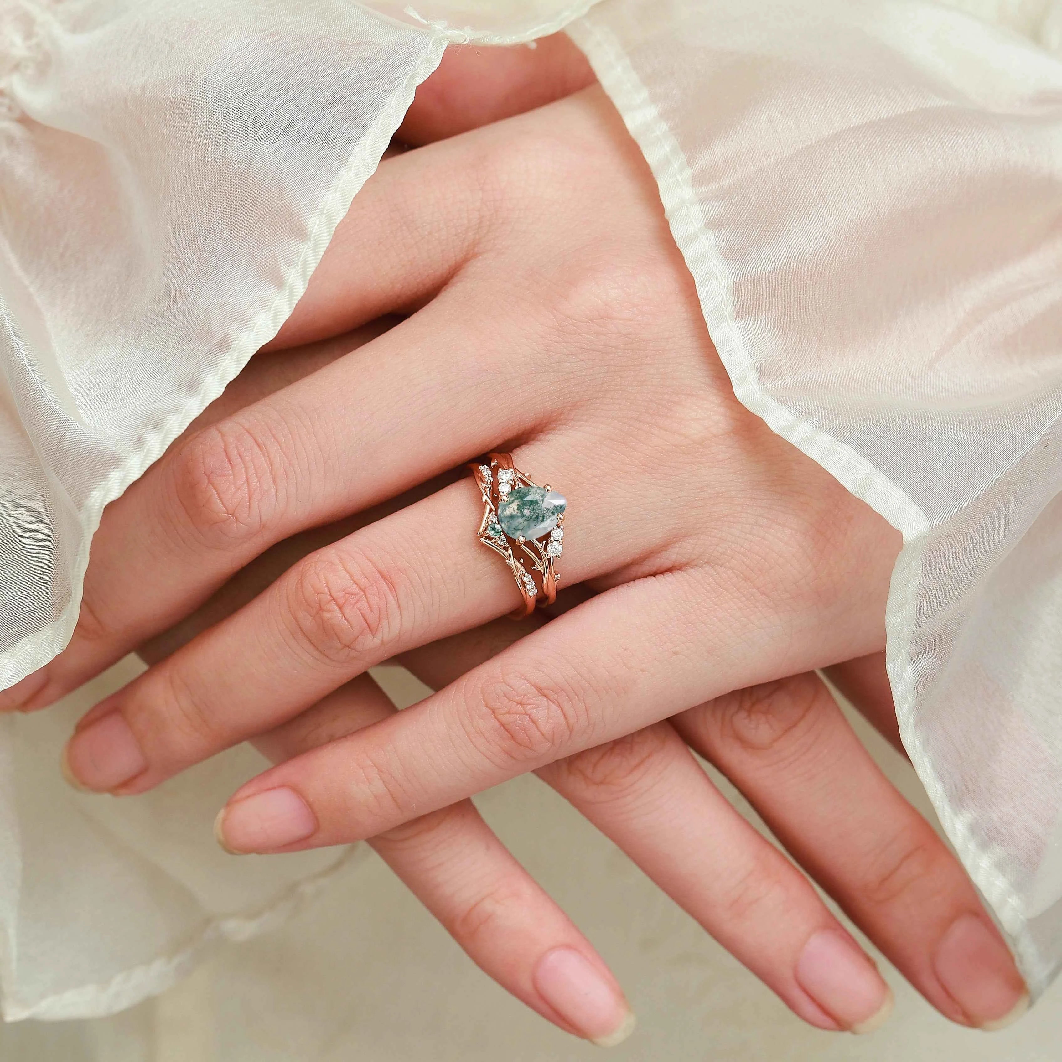 Nature-Inspired Branch Pear Cut Moss Agate Engagement Ring Bridal Set - Faewillow