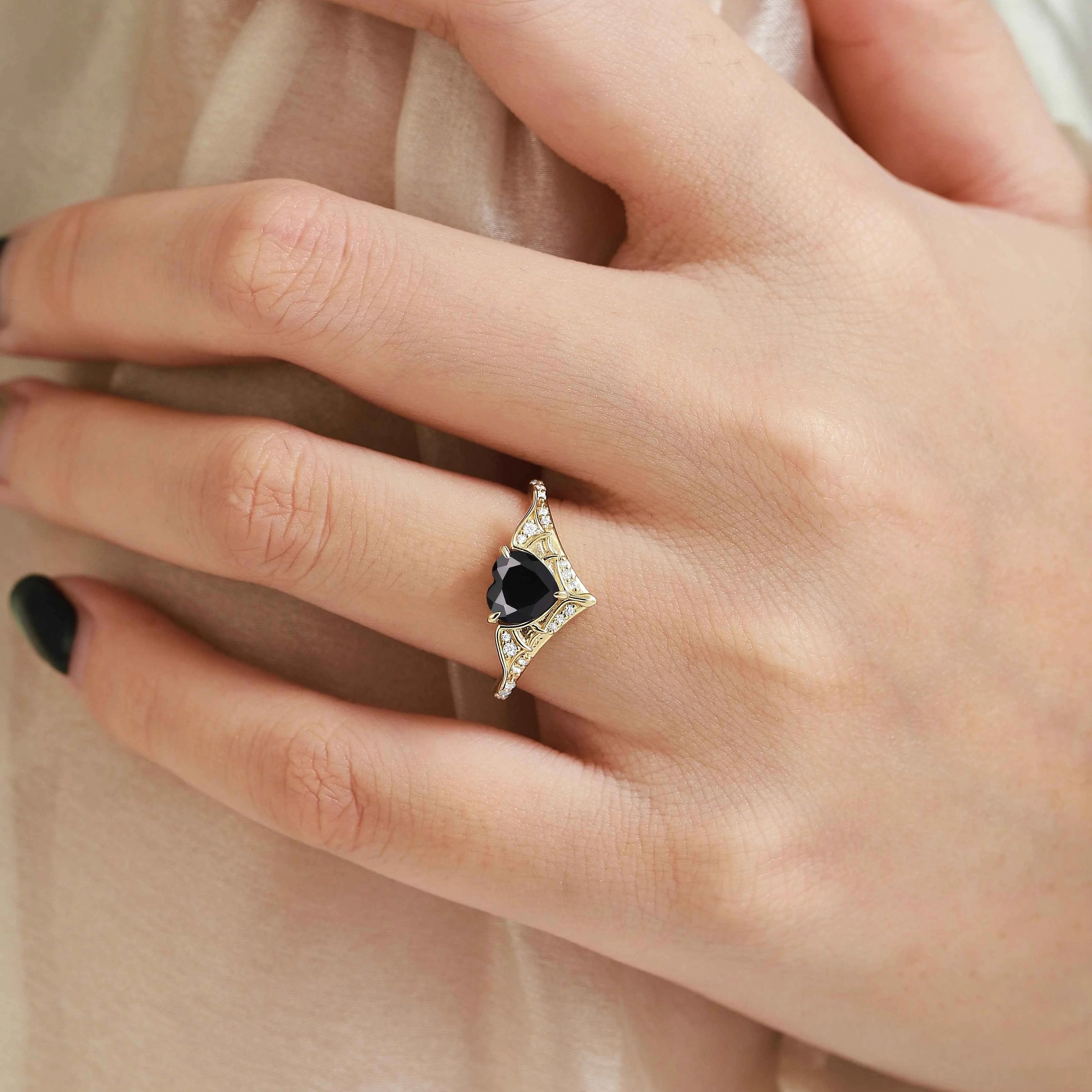 Bat Wing Inspired Black Onyx Heart Cut Ring