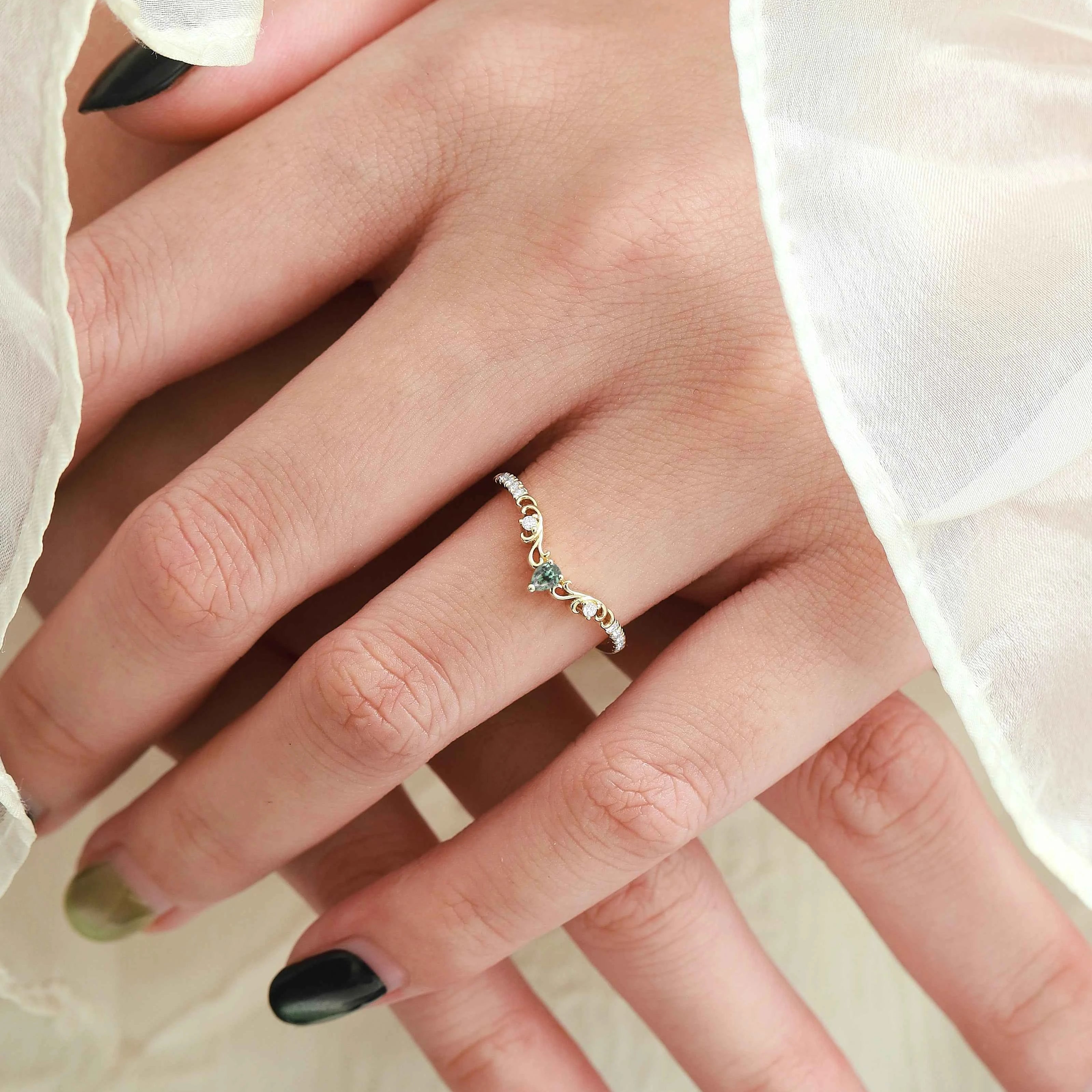 Pear Cut Natural Teal Sapphire & Moissanite Curved Wedding Band