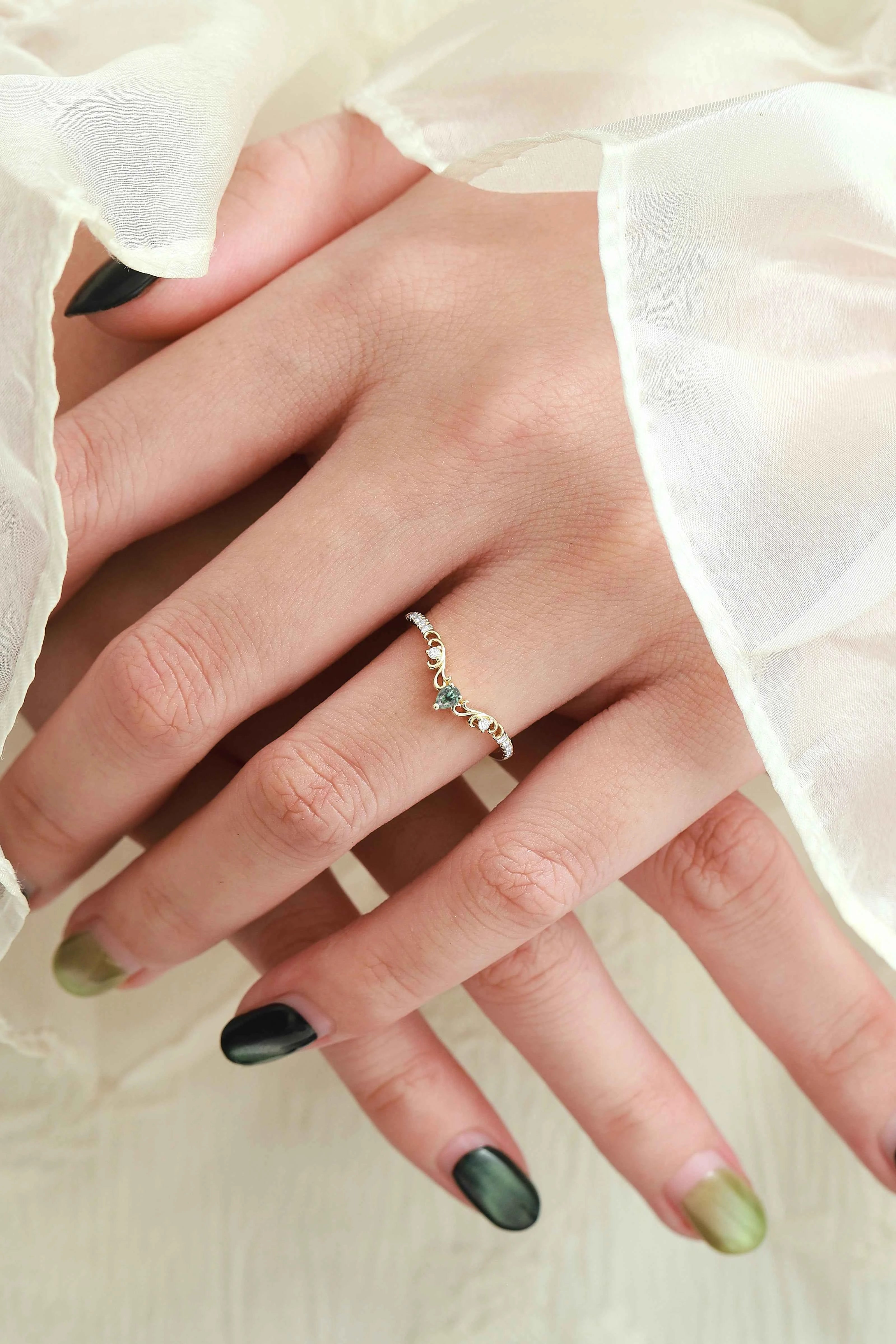 Pear Cut Natural Teal Sapphire & Moissanite Curved Wedding Band