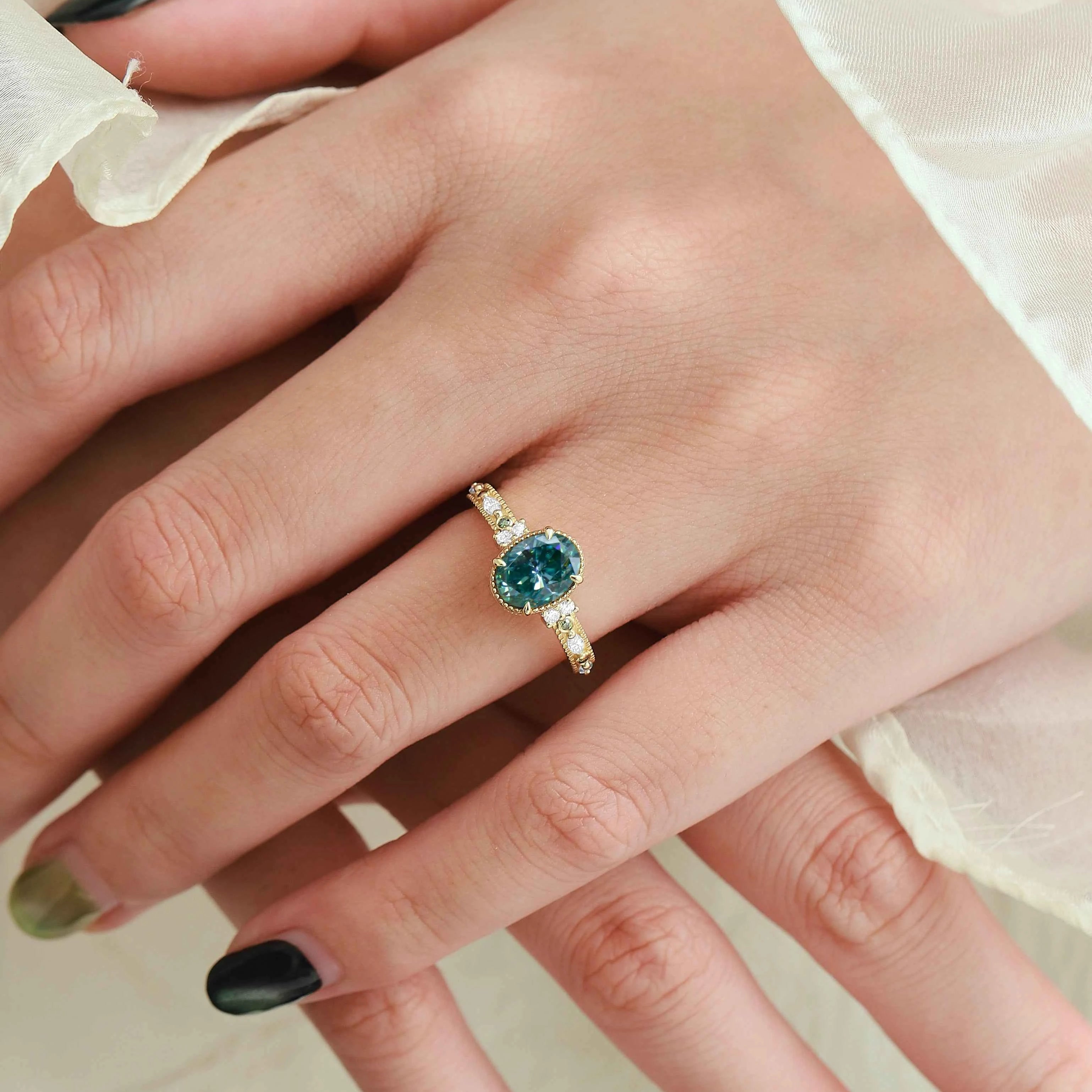 Classic Oval Cut Green Moissanite Bezel Engagement Ring