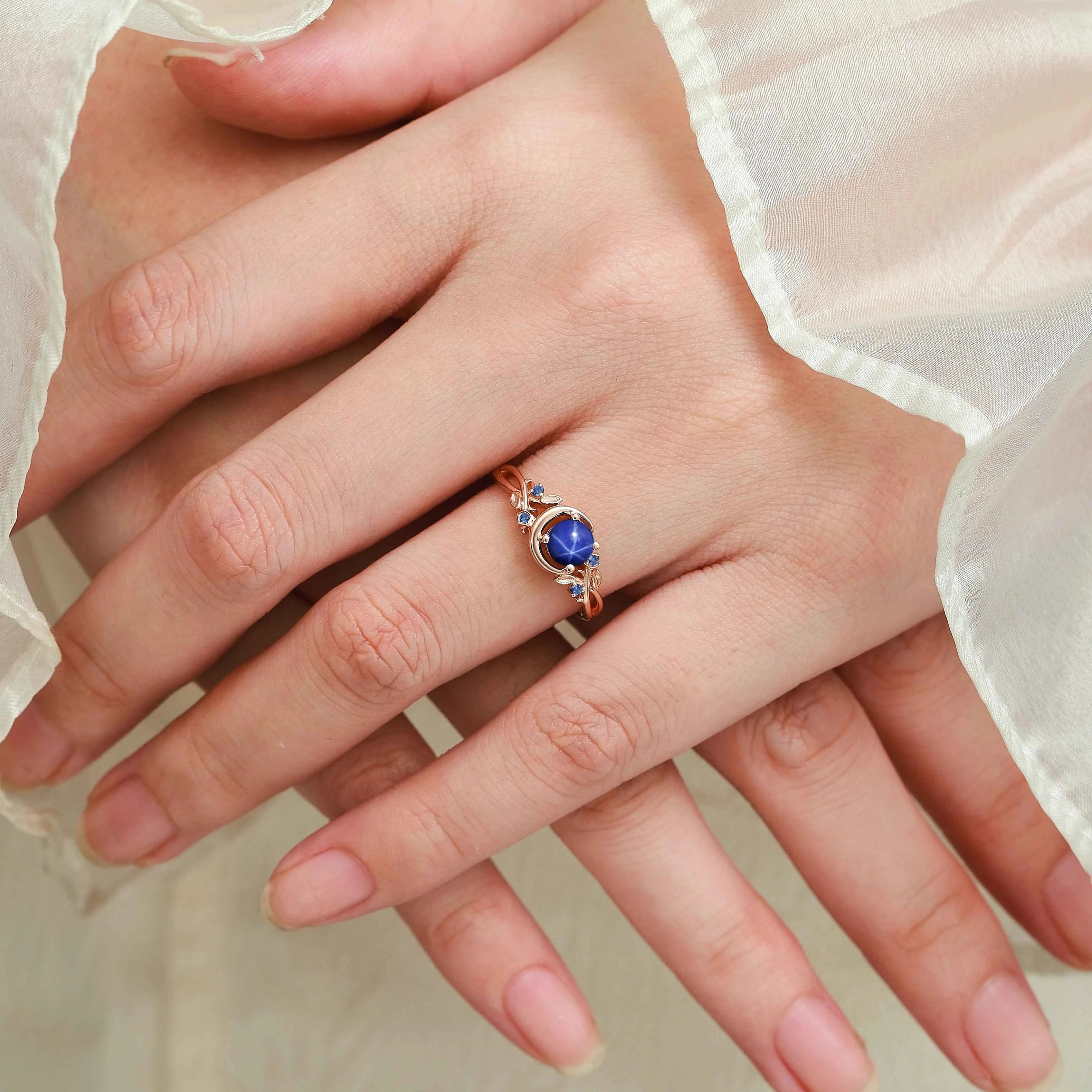 Nature Inspired Star & Moon Round Cut Star Sapphire Engagement Ring - Astra