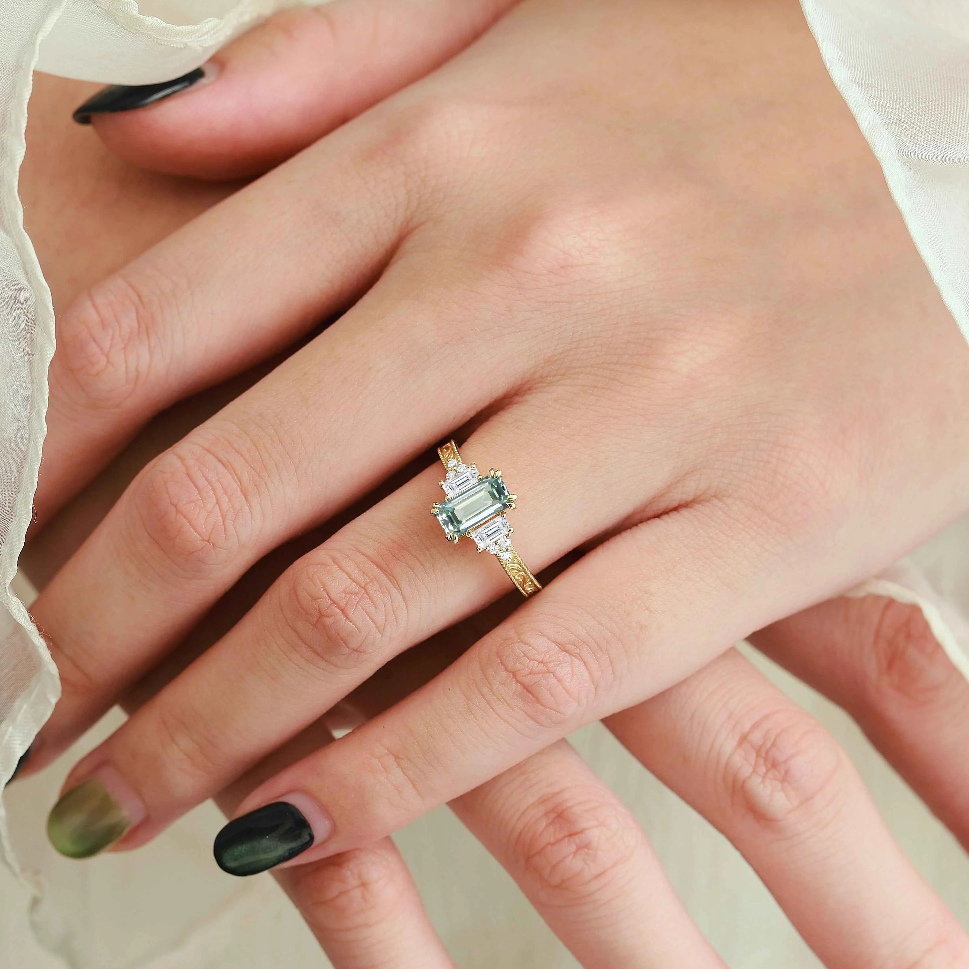 Emerald Cut green Sapphire Three-Stone Bezel Engagement Ring