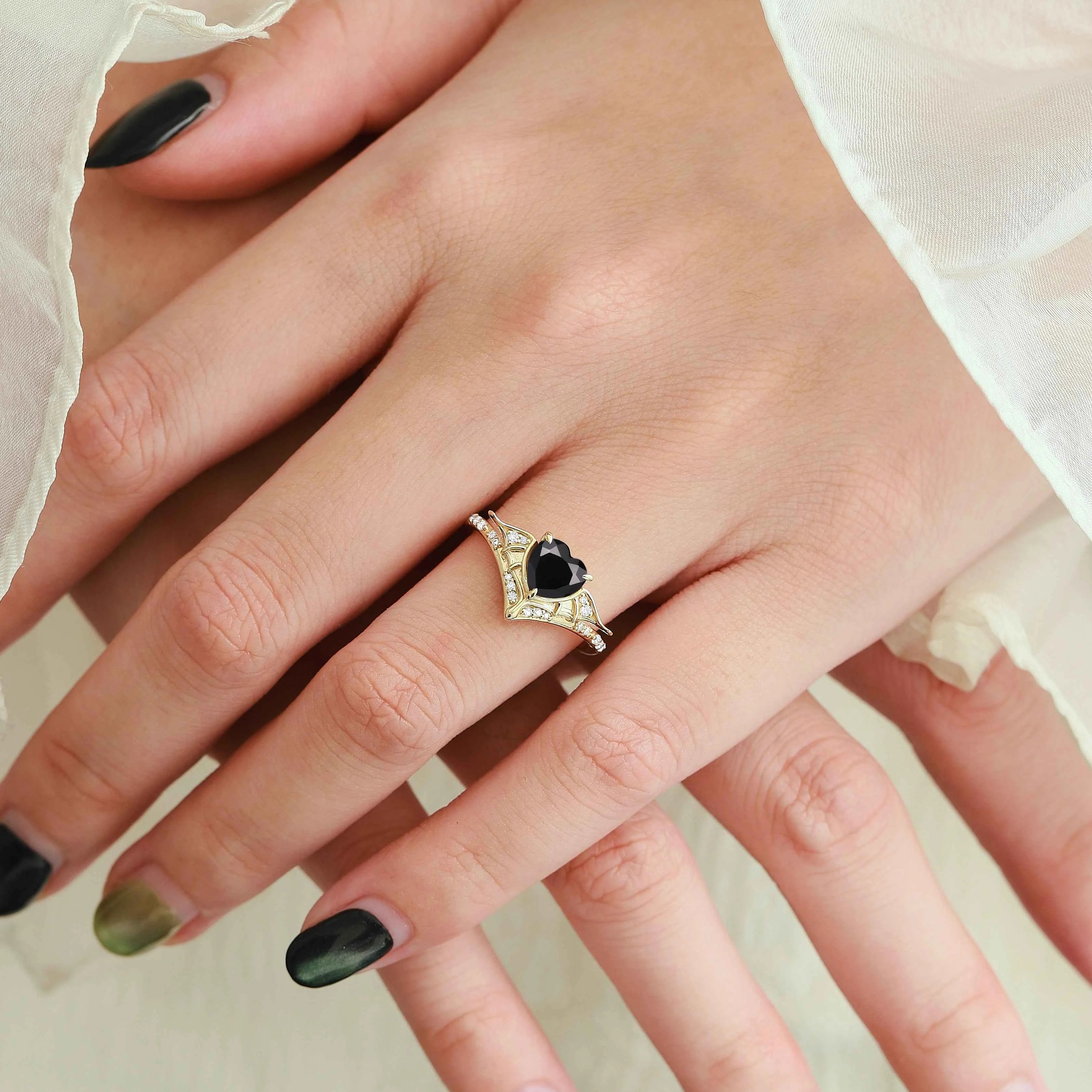 Bat Wing Inspired Black Onyx Heart Cut Ring