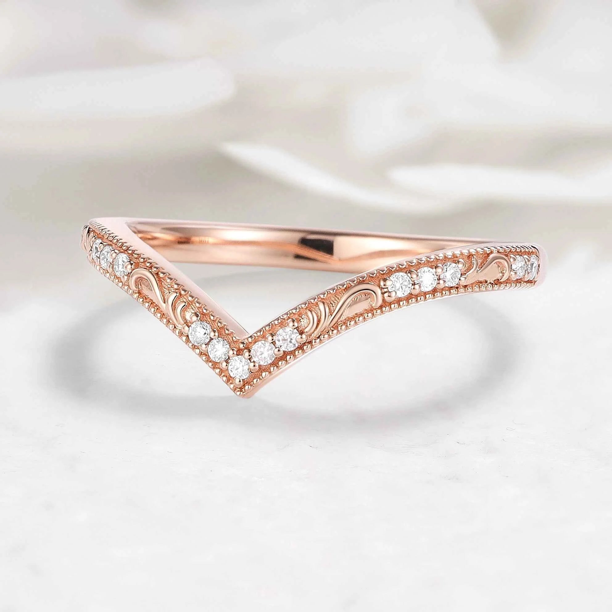 Milgrain Beaded Edge V-Shaped Moissanite Wedding Band