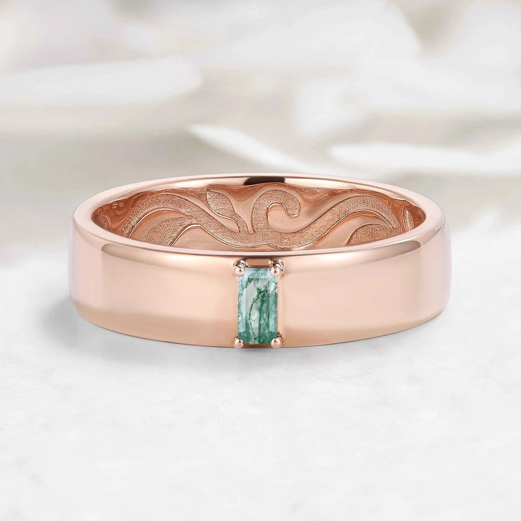 Nature Inspired Moss Agate Men’s Ring with Leaf Vine Engraving