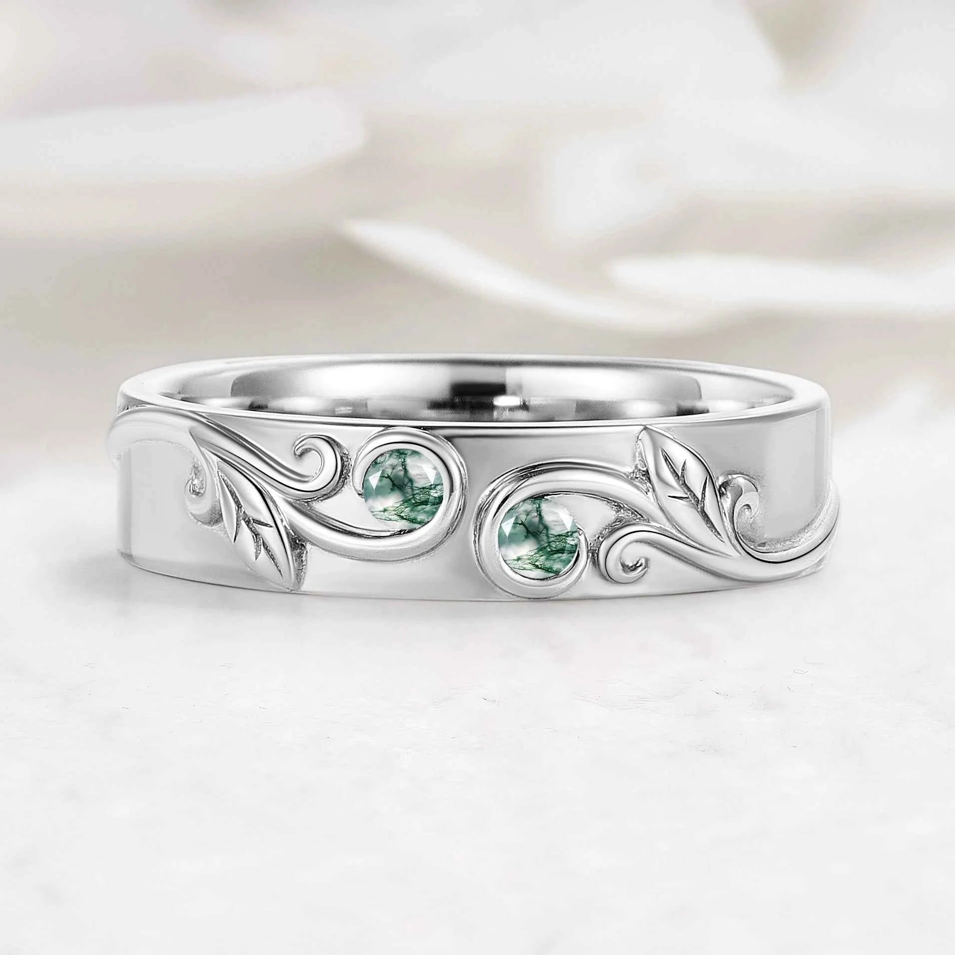 Nature Inspired Leaf Relief Men’s Ring with Moss Agate Accents