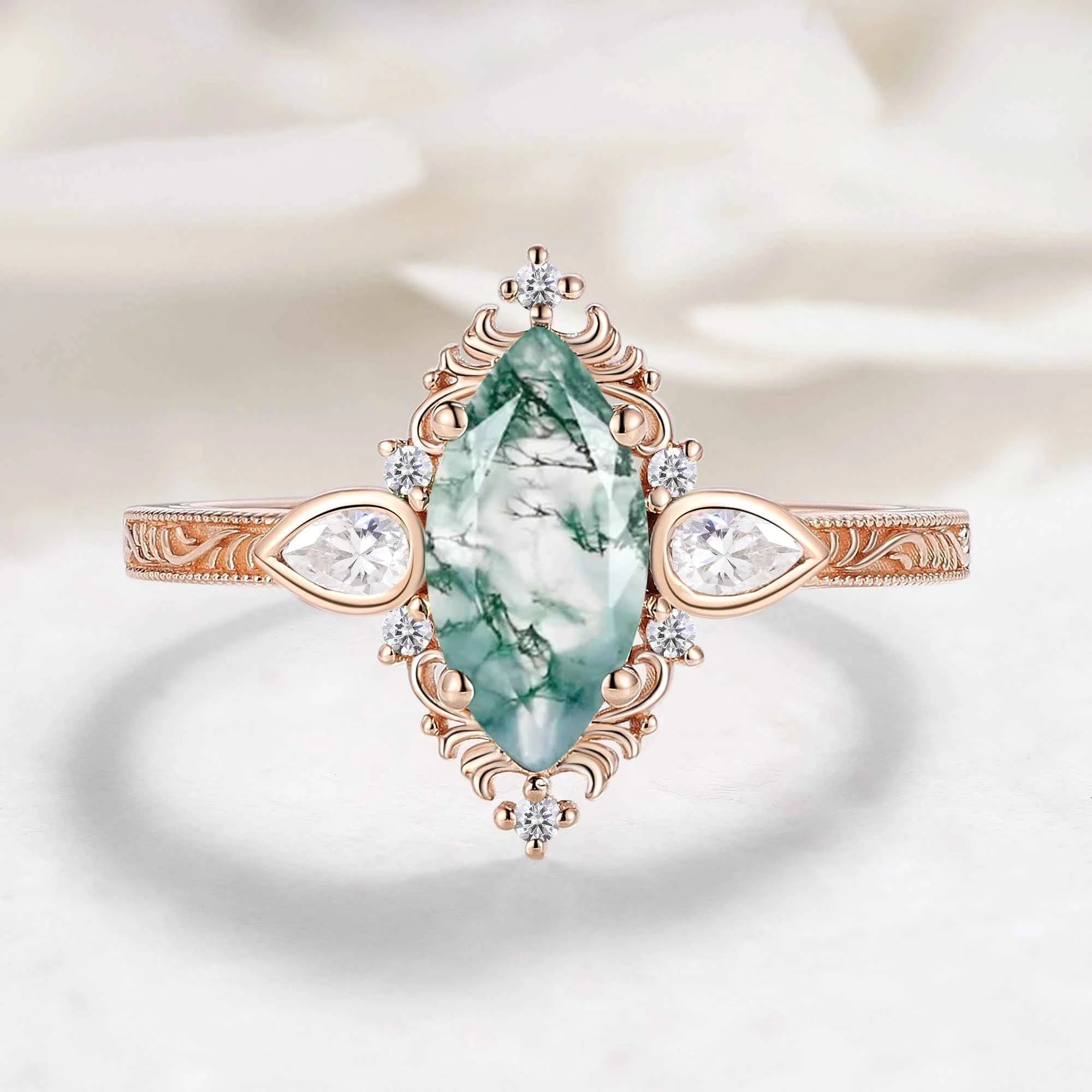 Romantic Nature-Inspired Marquise Moss Agate Engagement Ring