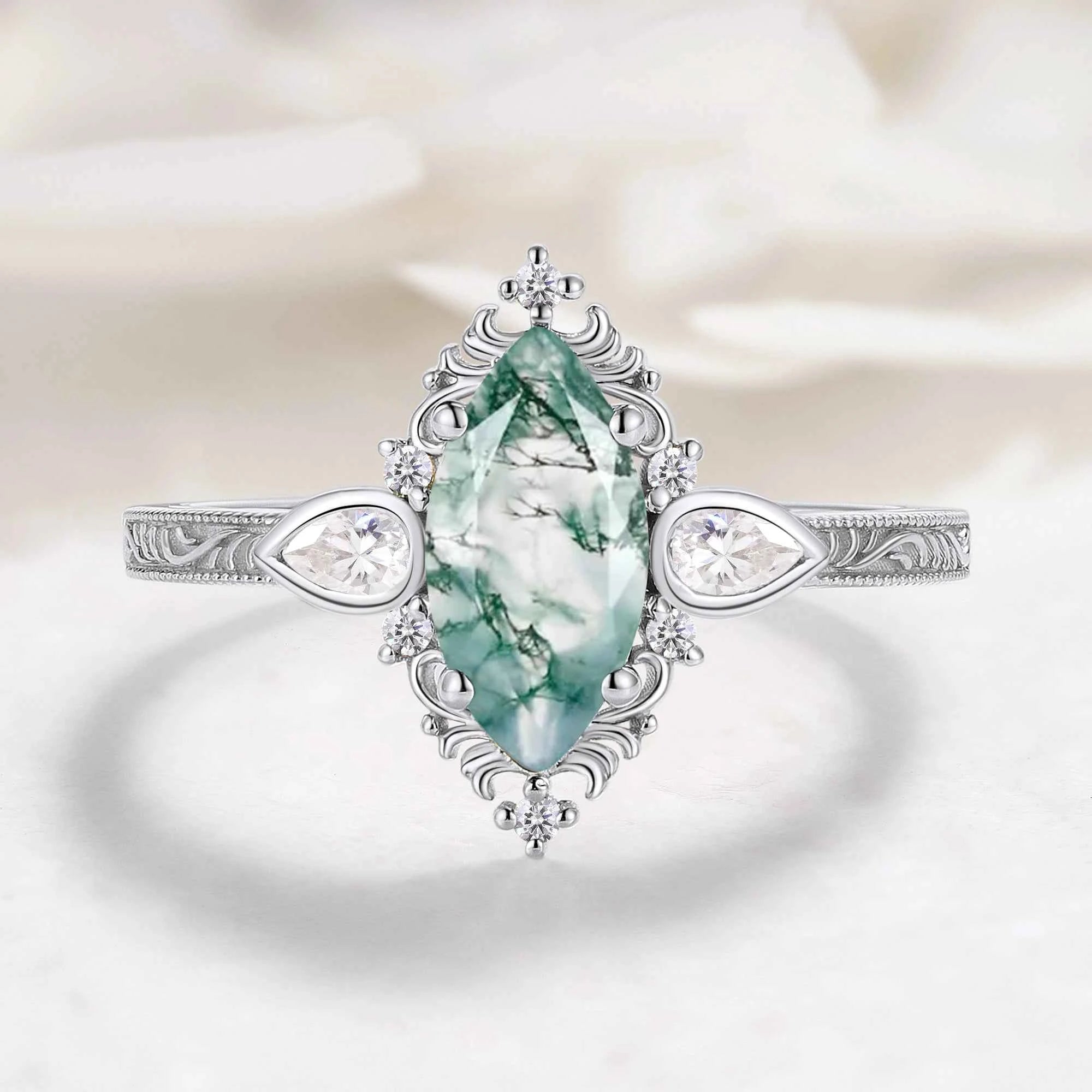 Romantic Nature-Inspired Marquise Moss Agate Engagement Ring