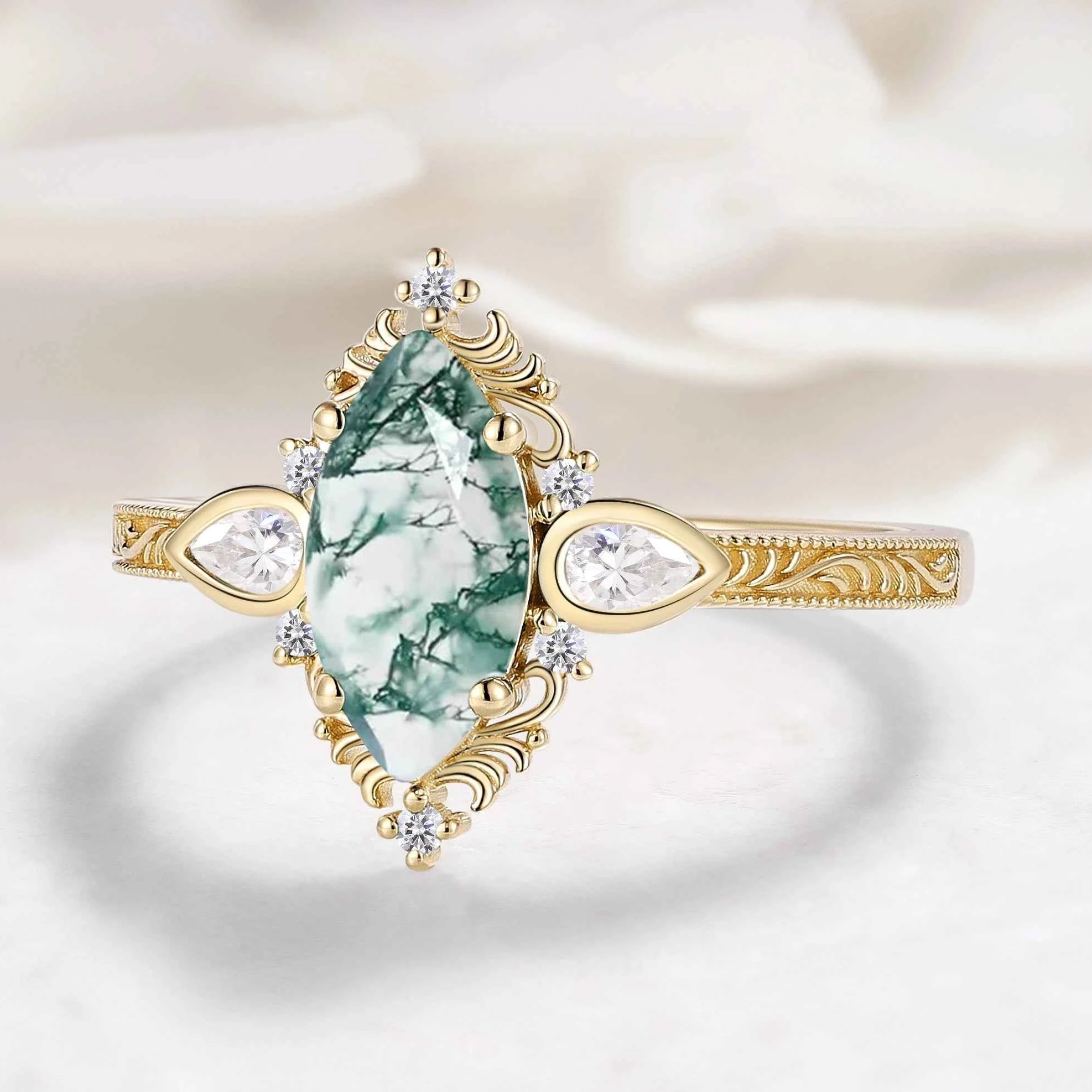 Romantic Nature-Inspired Marquise Moss Agate Engagement Ring