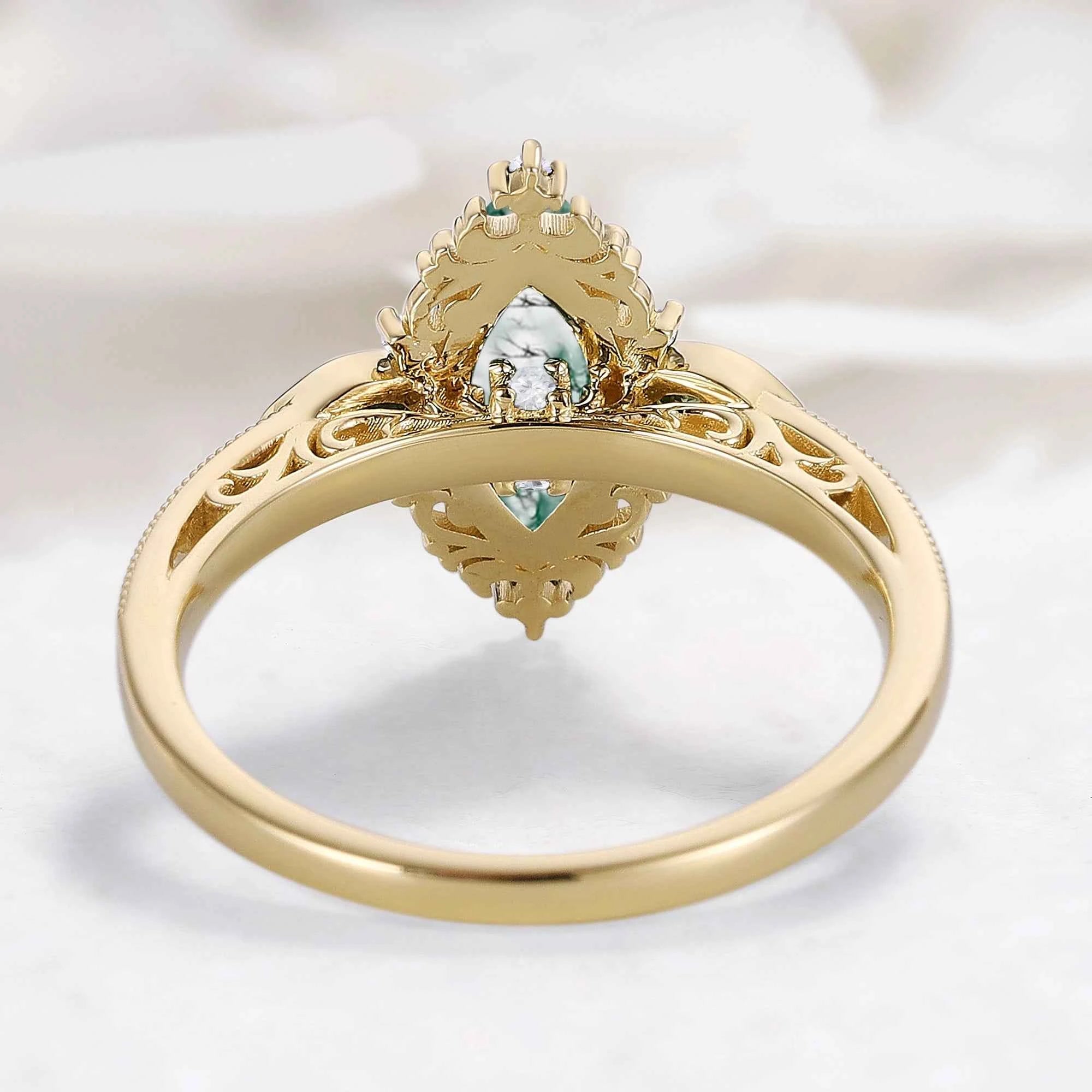 Romantic Nature-Inspired Marquise Moss Agate Engagement Ring