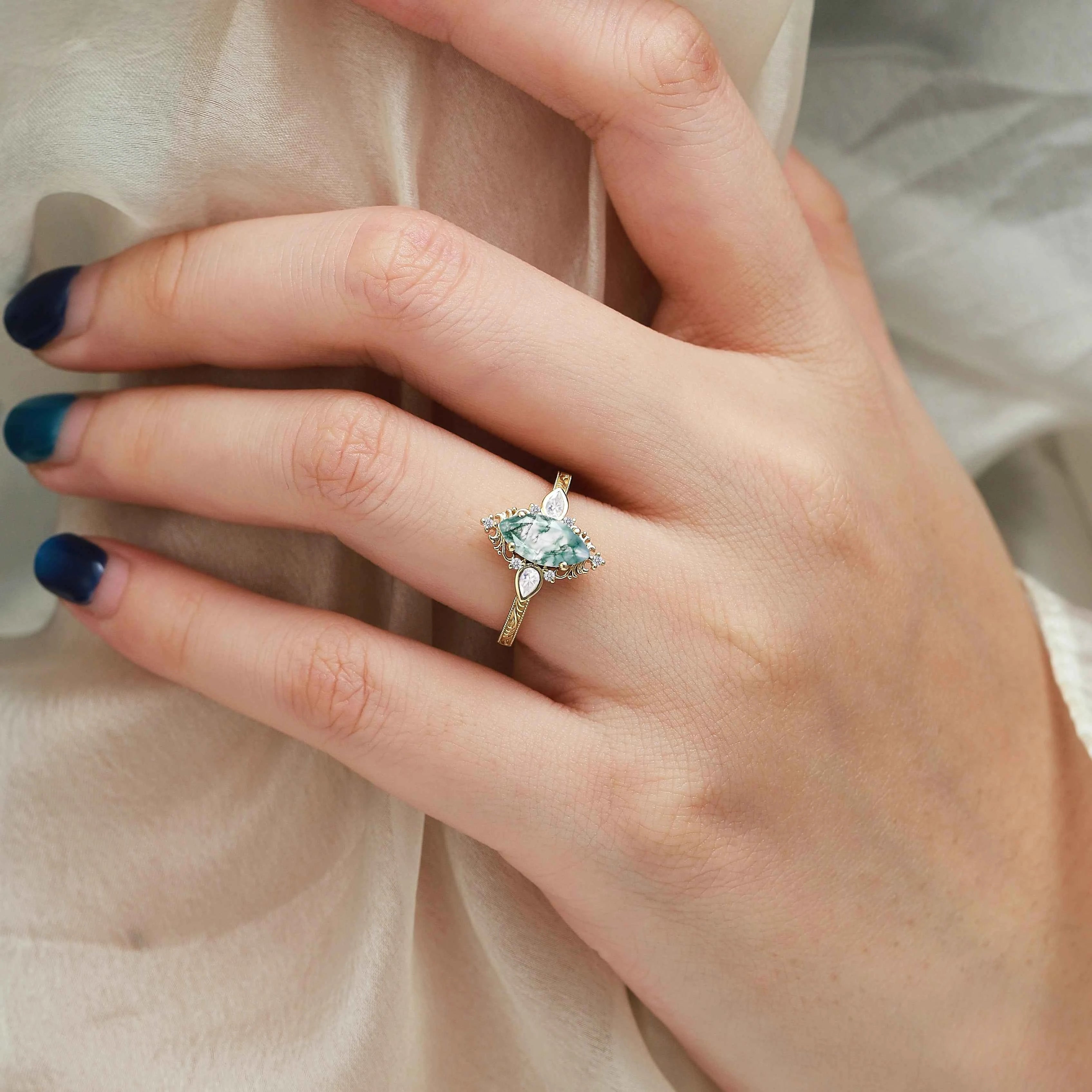 Romantic Nature-Inspired Marquise Moss Agate Engagement Ring