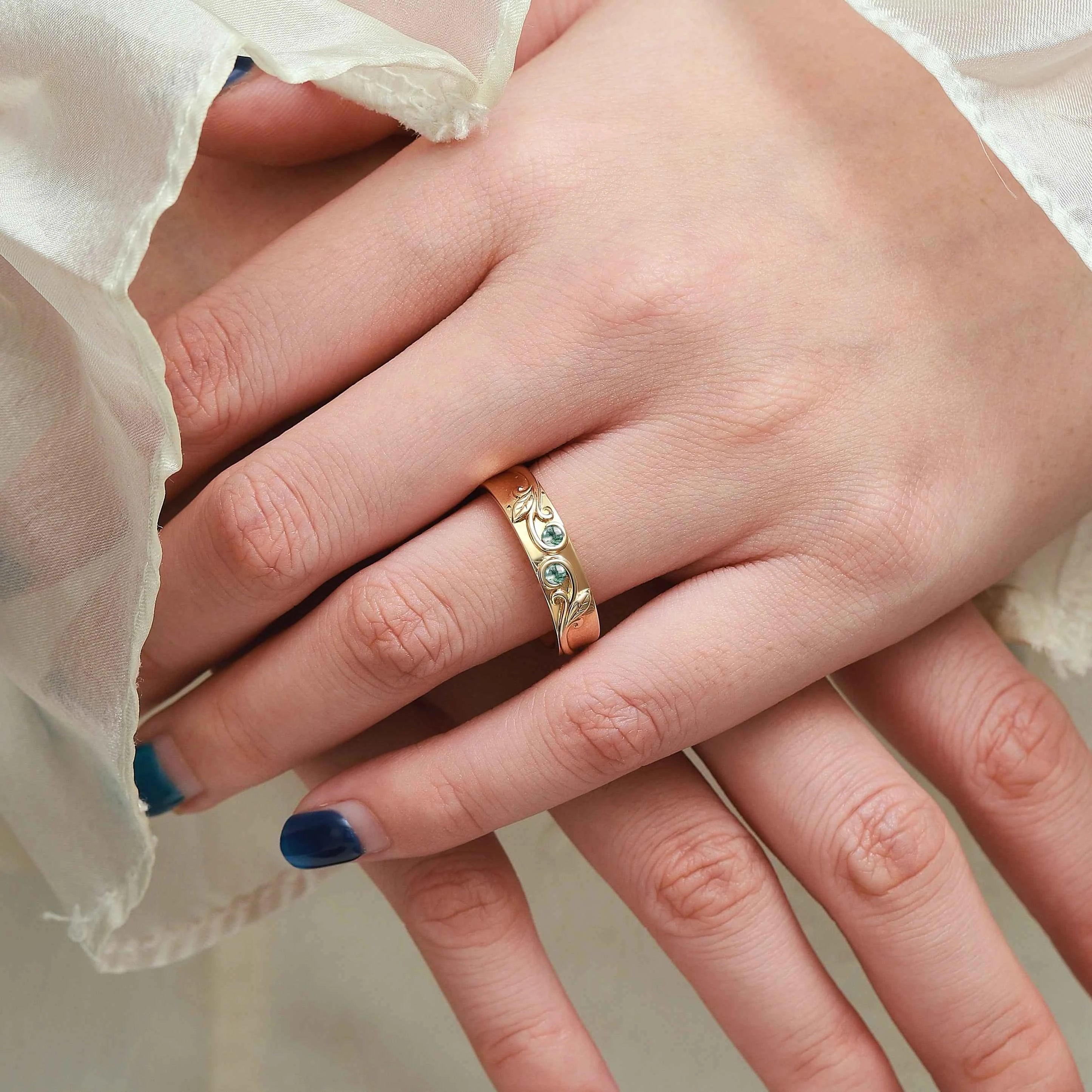 Nature Inspired Leaf Relief Men’s Ring with Moss Agate Accents