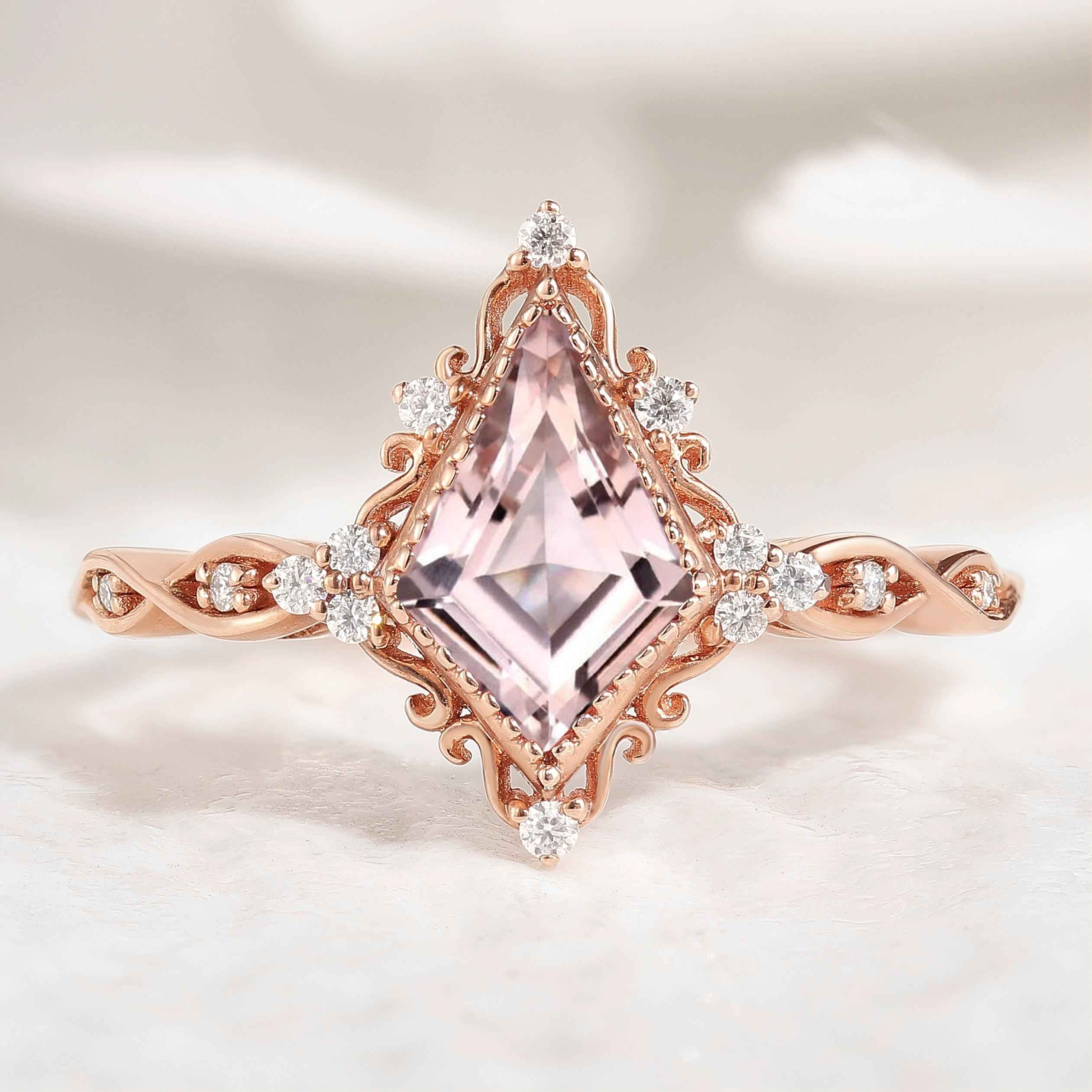 Customizable Accent Stone – For Kritideepan Vintage Unique Kite Cut Natural Morganite Engagement Ring