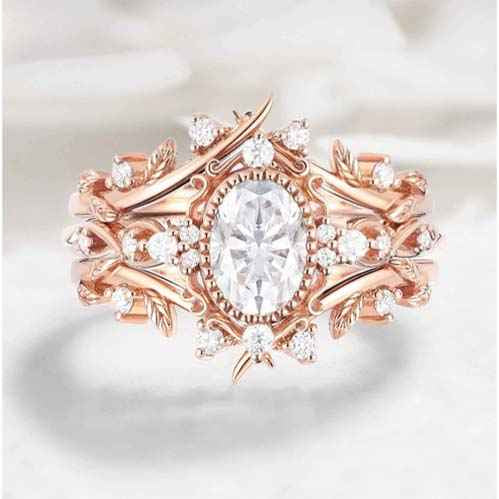 Signature Vintage Oval Shaped Moissanite Engagement Ring With Leaf Wedding Band 3pcs