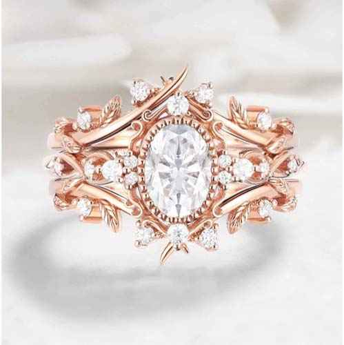 Signature Vintage Oval Shaped Moissanite Engagement Ring With Leaf Wedding Band 3pcs