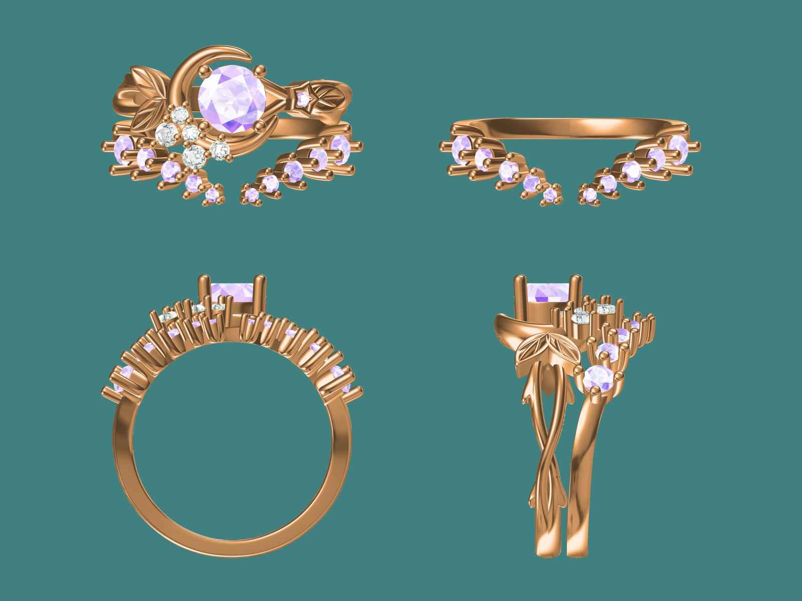 Custom Star & Moon Leaf-Inspired Engagement Ring Set (2pcs) for Manu Roy