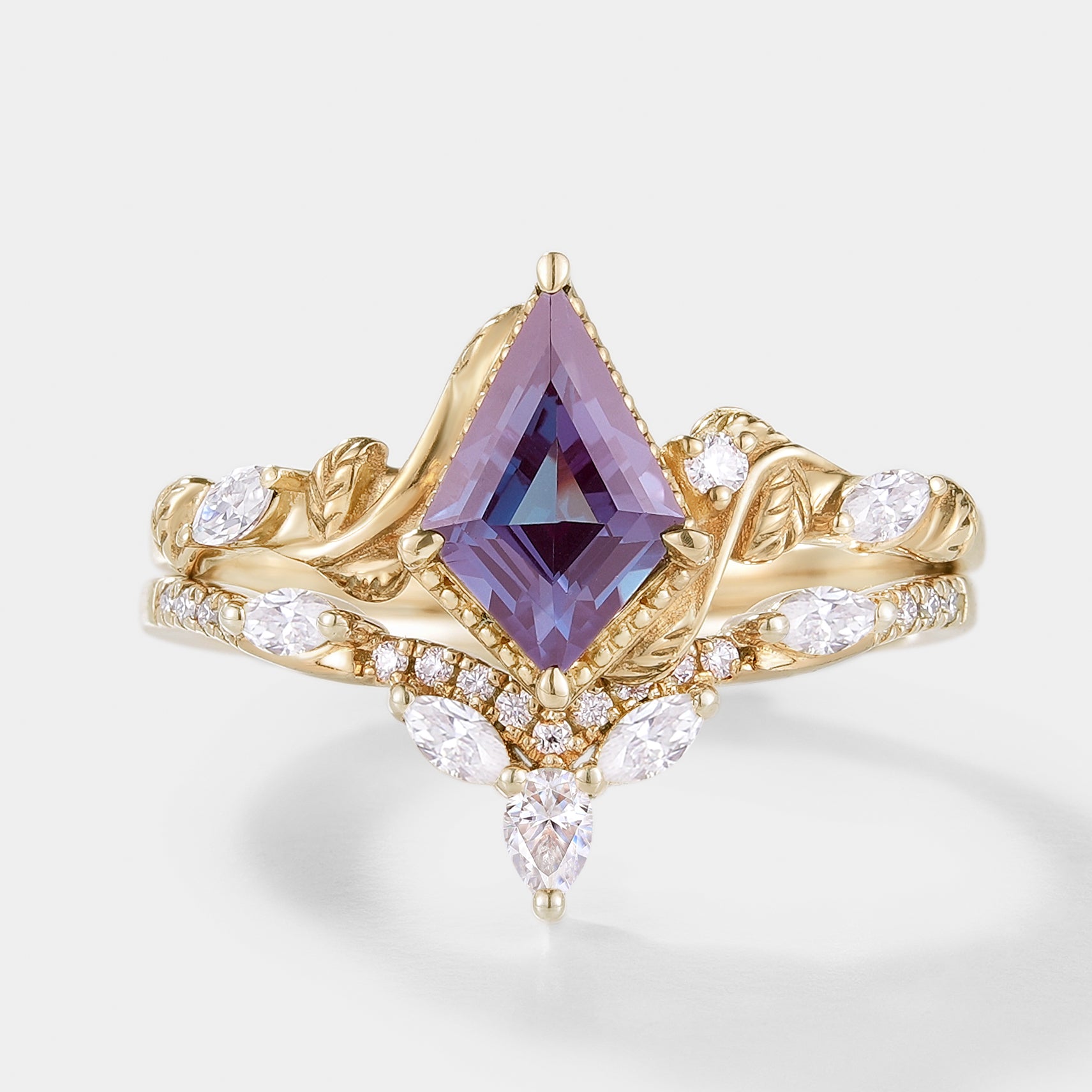 Alexandrite Kite Cut Bridal Set, Nature-Inspired Ring