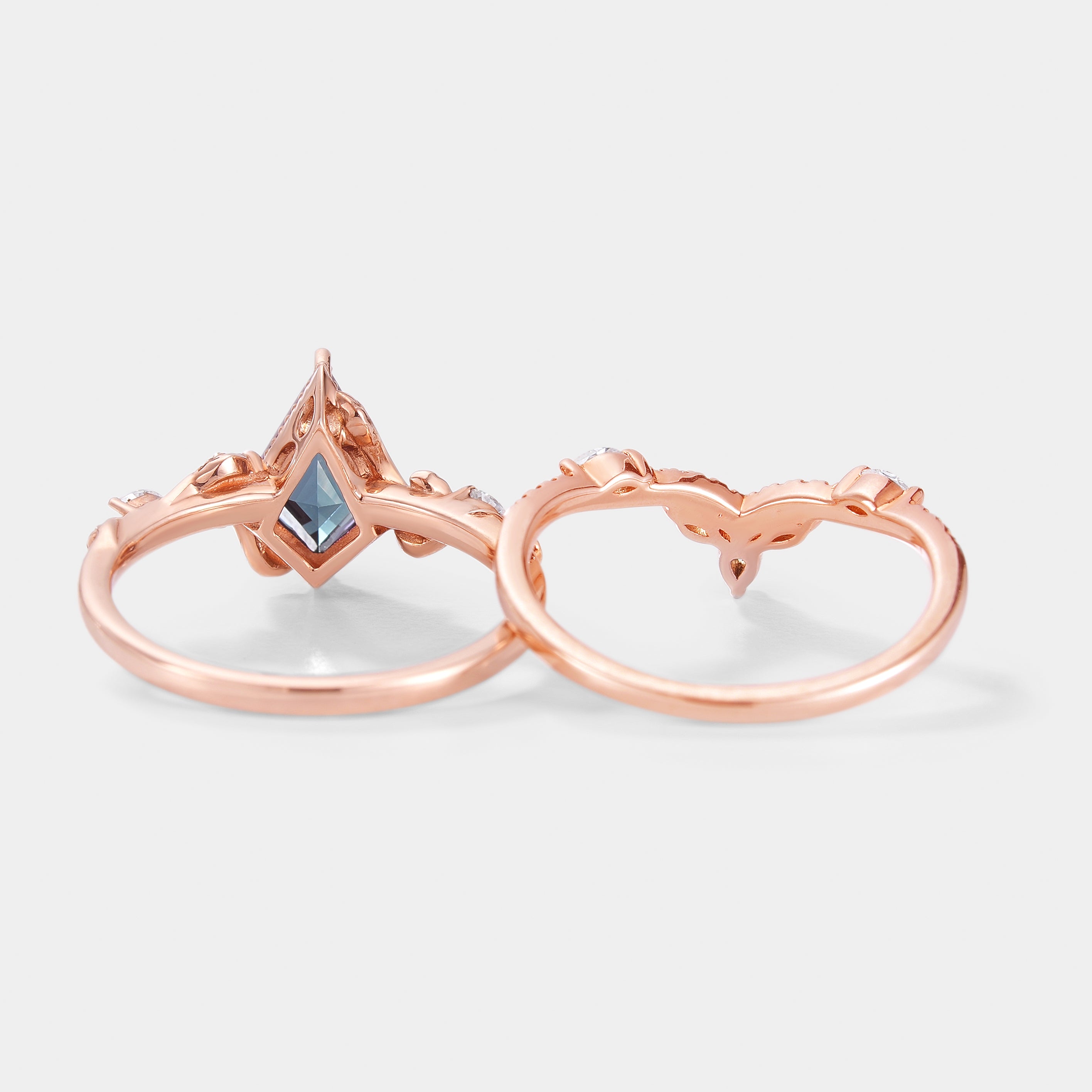 Rose gold kite cut alexandrite bridal set with leaf design