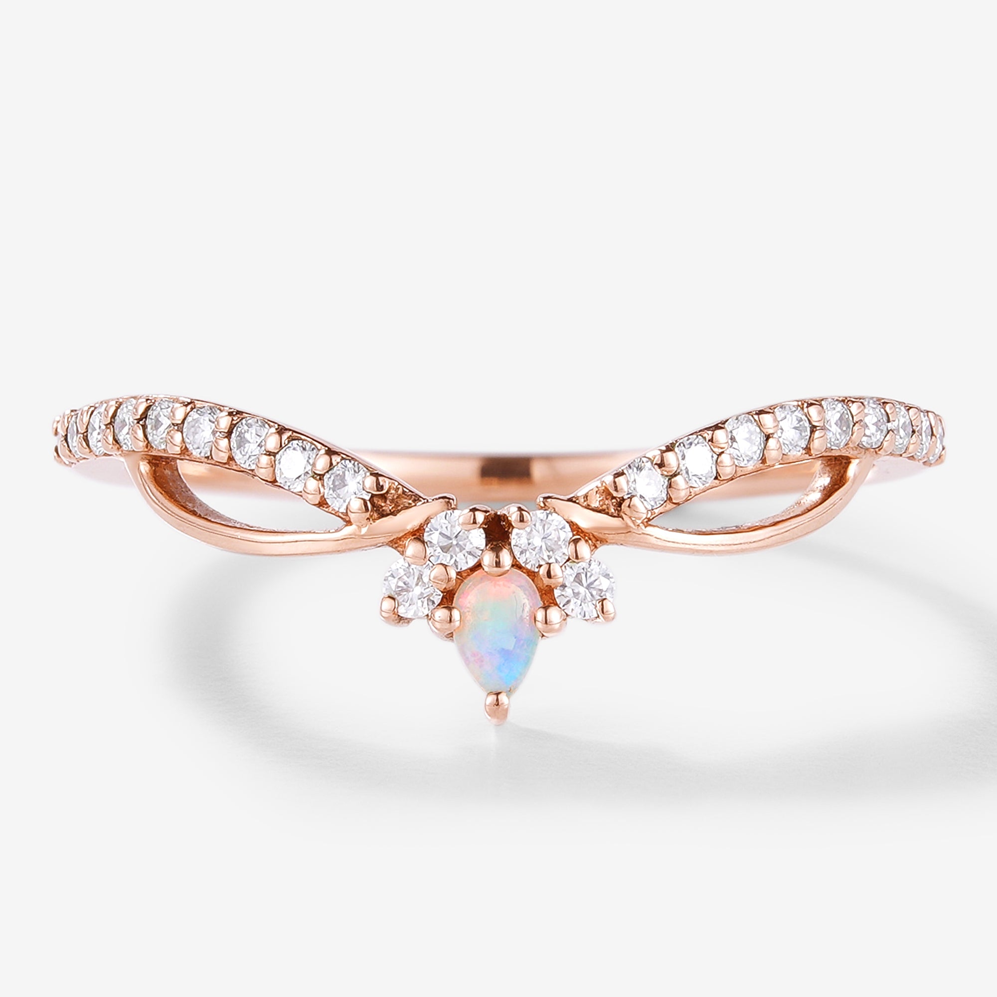 Rose gold wedding band with opal and moissanite stones, stacking ring set