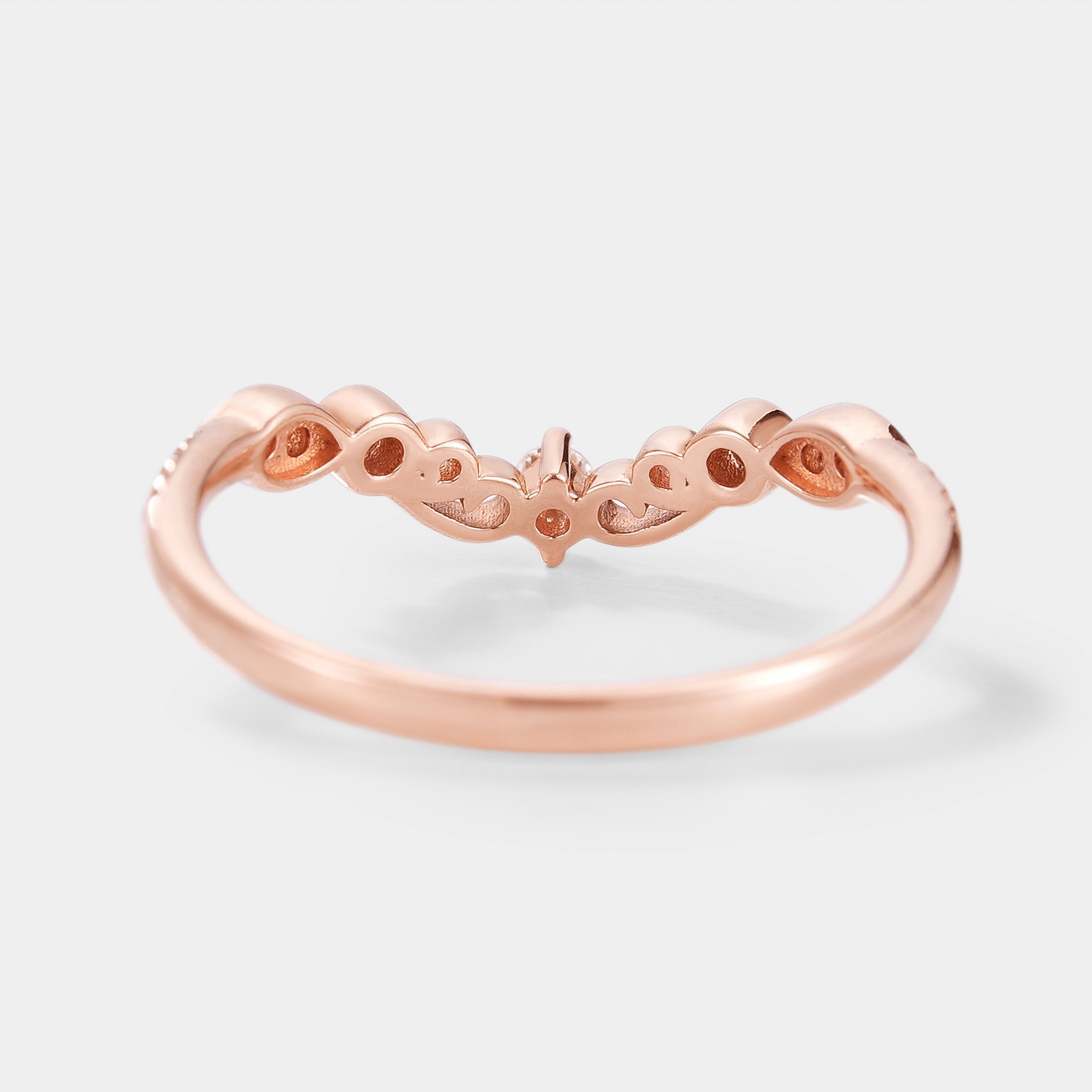 Rose gold moissanite chevron wedding band. A vintage-inspired ring, perfect for bridal set or stacking with other rings.