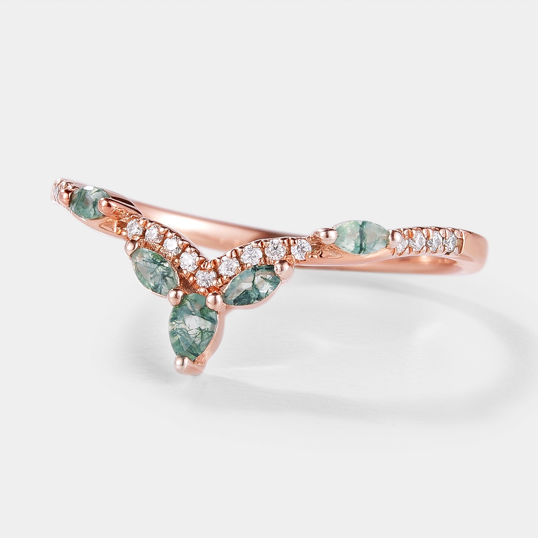 Rose gold wedding band with moss agate and moissanite, leaf design. A vintage-inspired wedding ring.