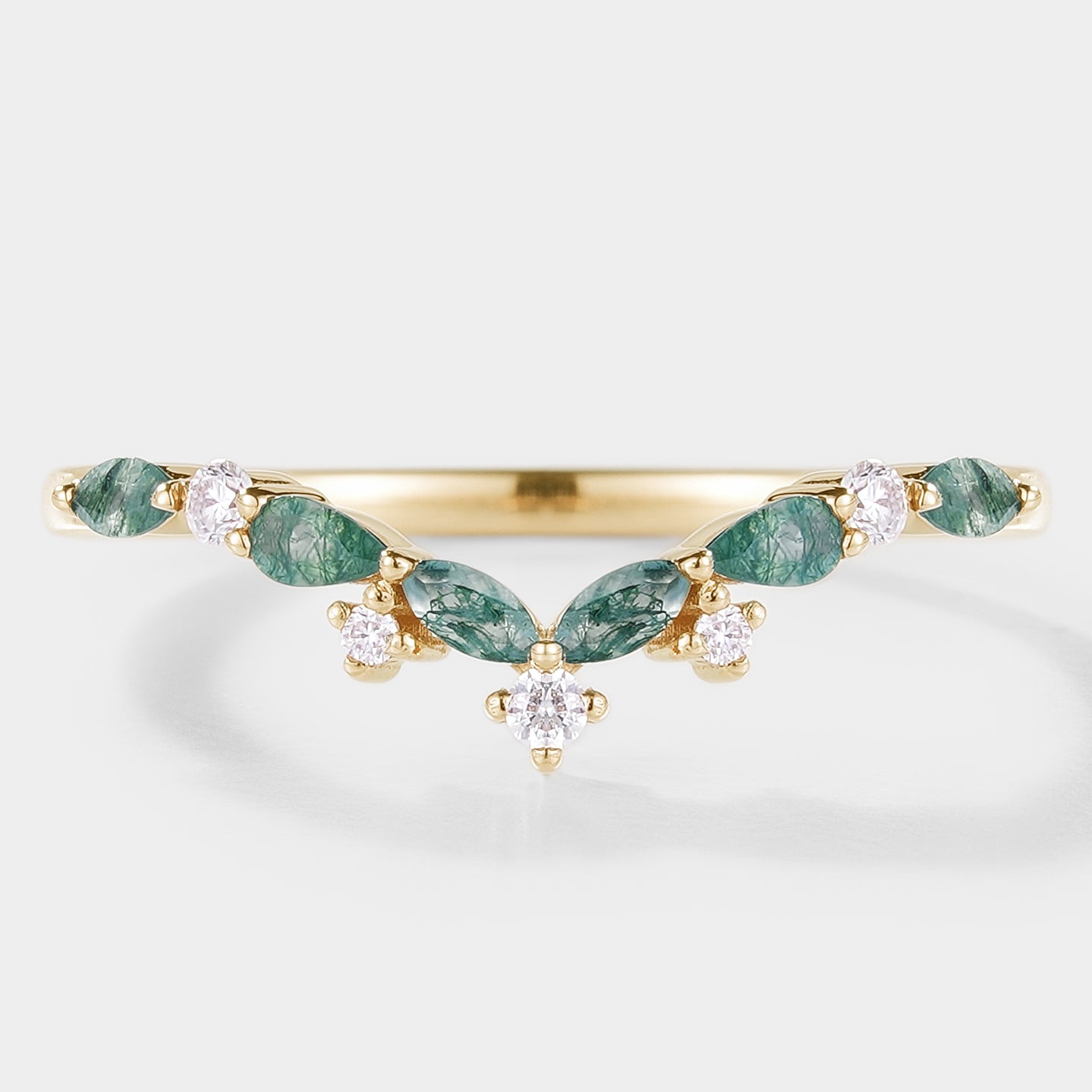 Nature-inspired moss agate and moissanite wedding band
