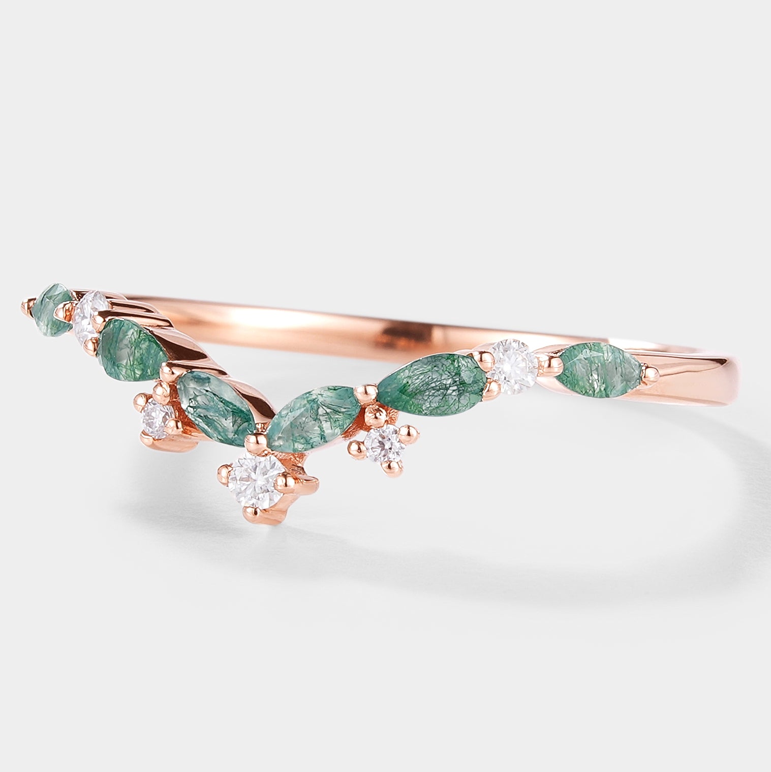 Nature-inspired curved moss agate wedding band in rose gold