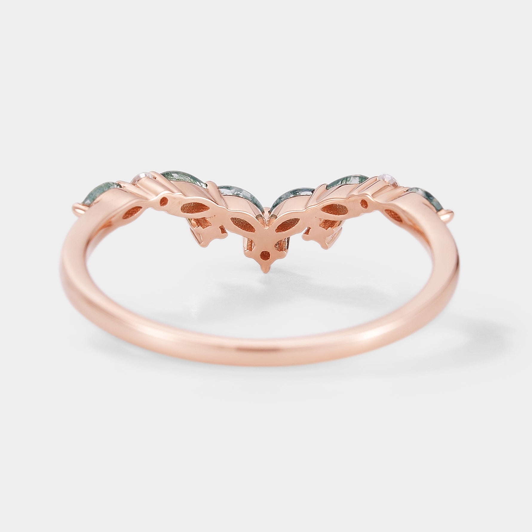 Rose gold moss agate wedding band, curved design