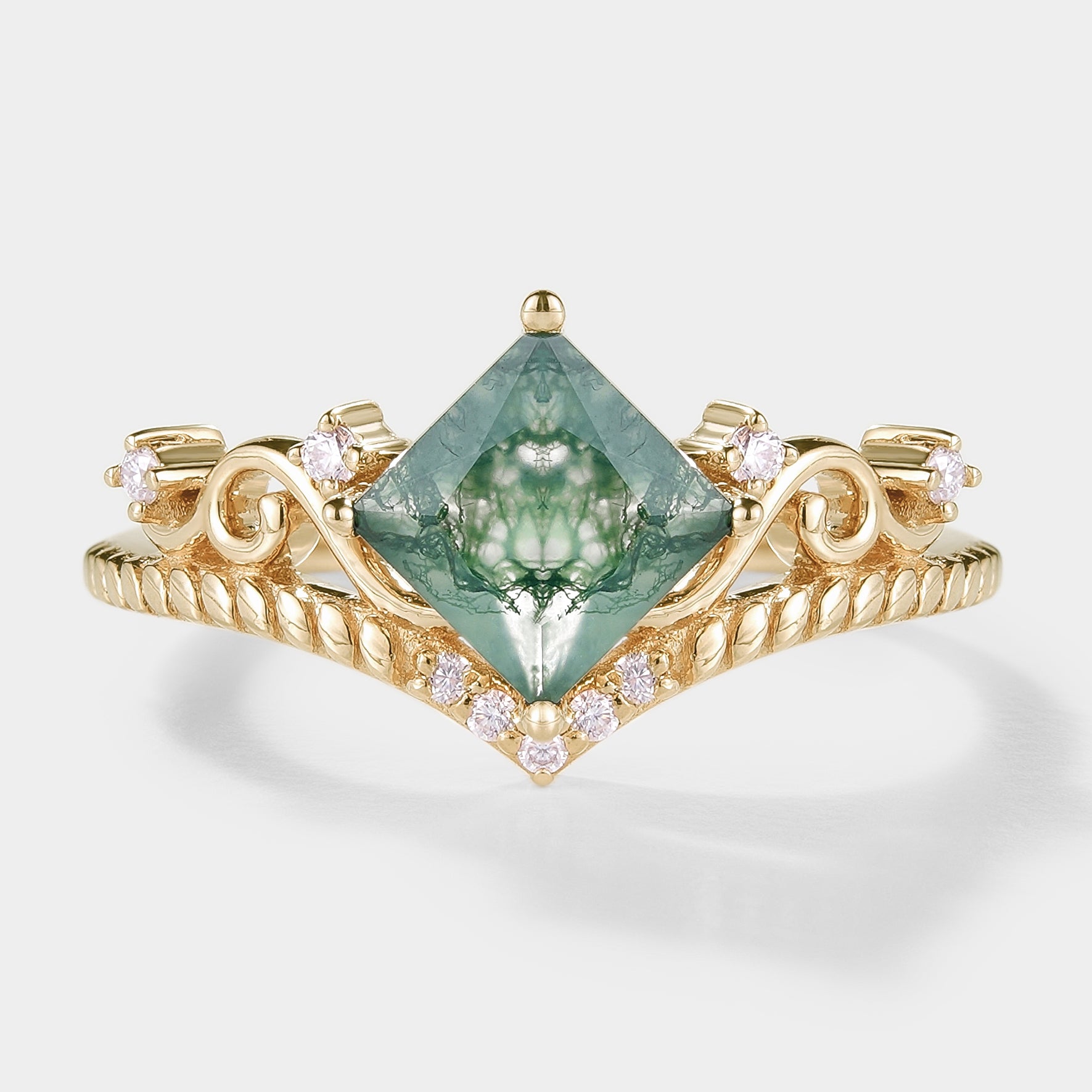 Vintage princess cut moss agate engagement ring with gold band