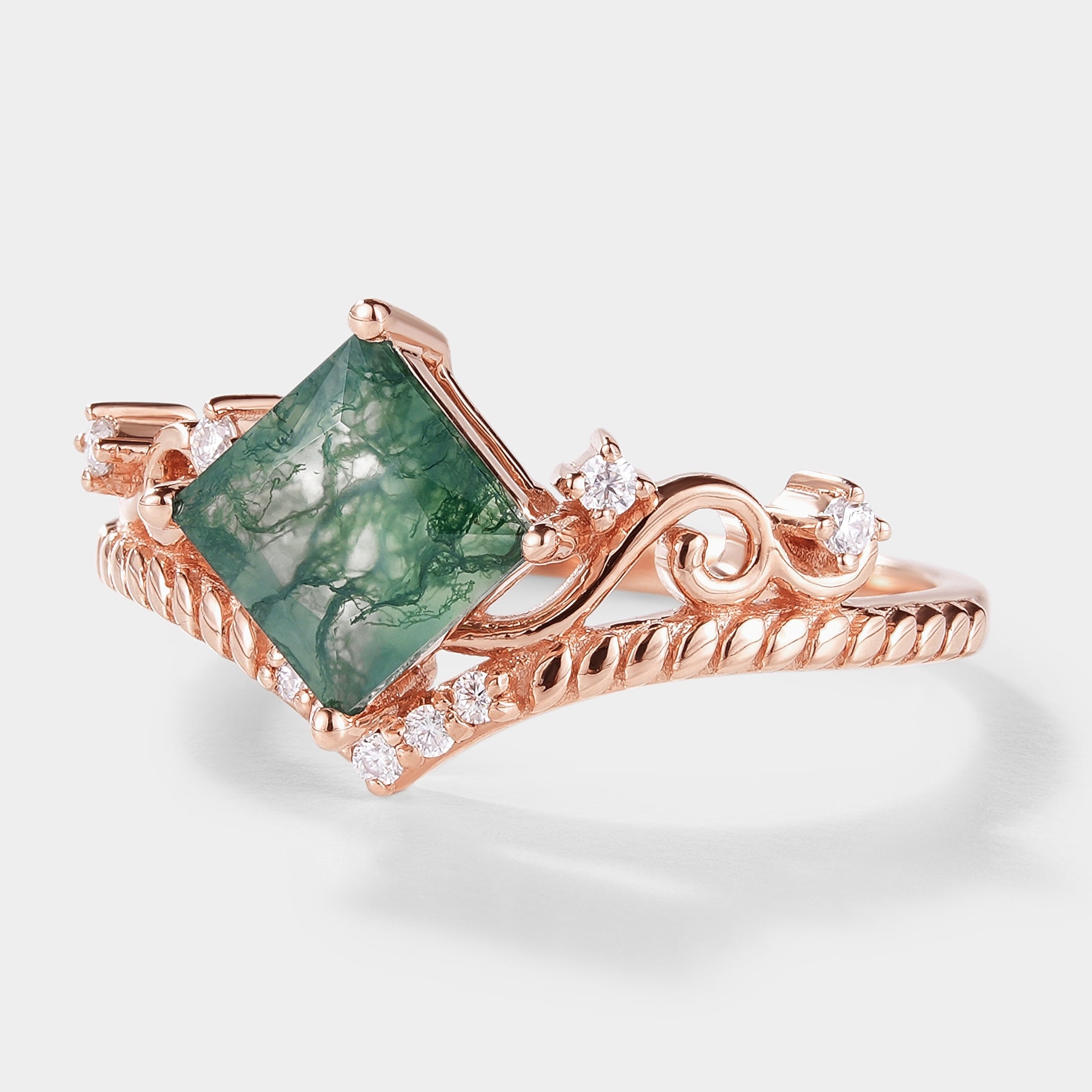 Princess Cut Moss Agate Vintage Engagement Ring with Detailed Design