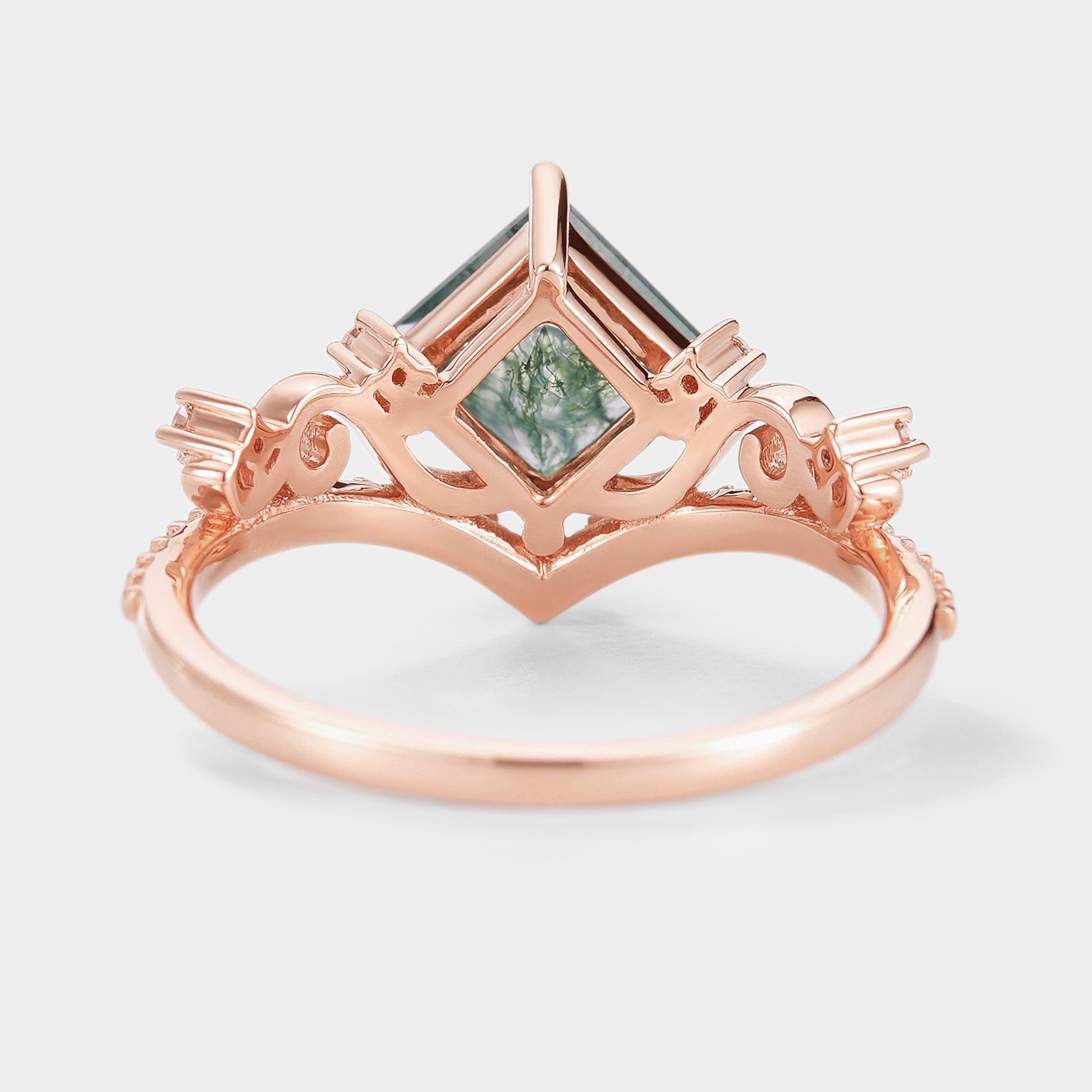 Rose gold princess cut moss agate engagement ring with vintage details