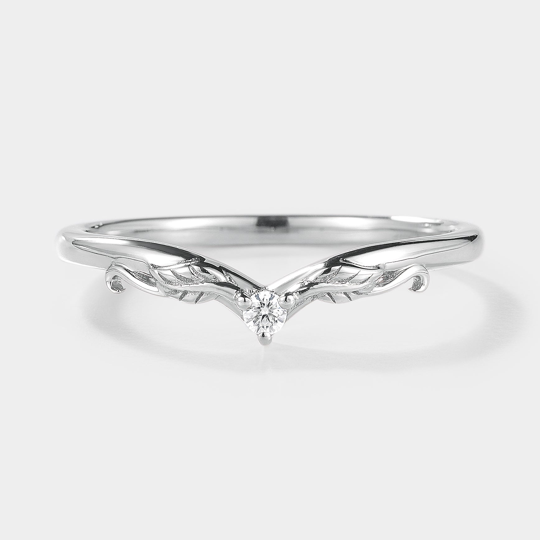 White gold moissanite leaf wedding band, nature-inspired design