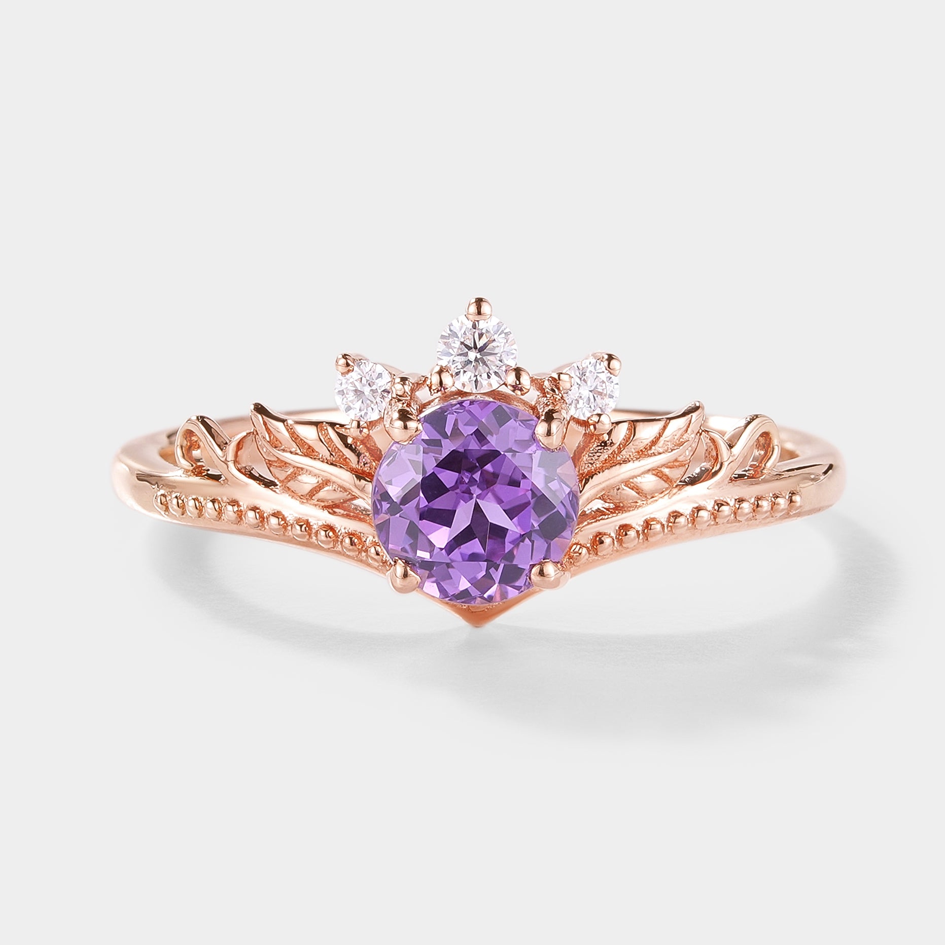 Round cut lab purple sapphire leaf engagement ring from Lahela Jewelry