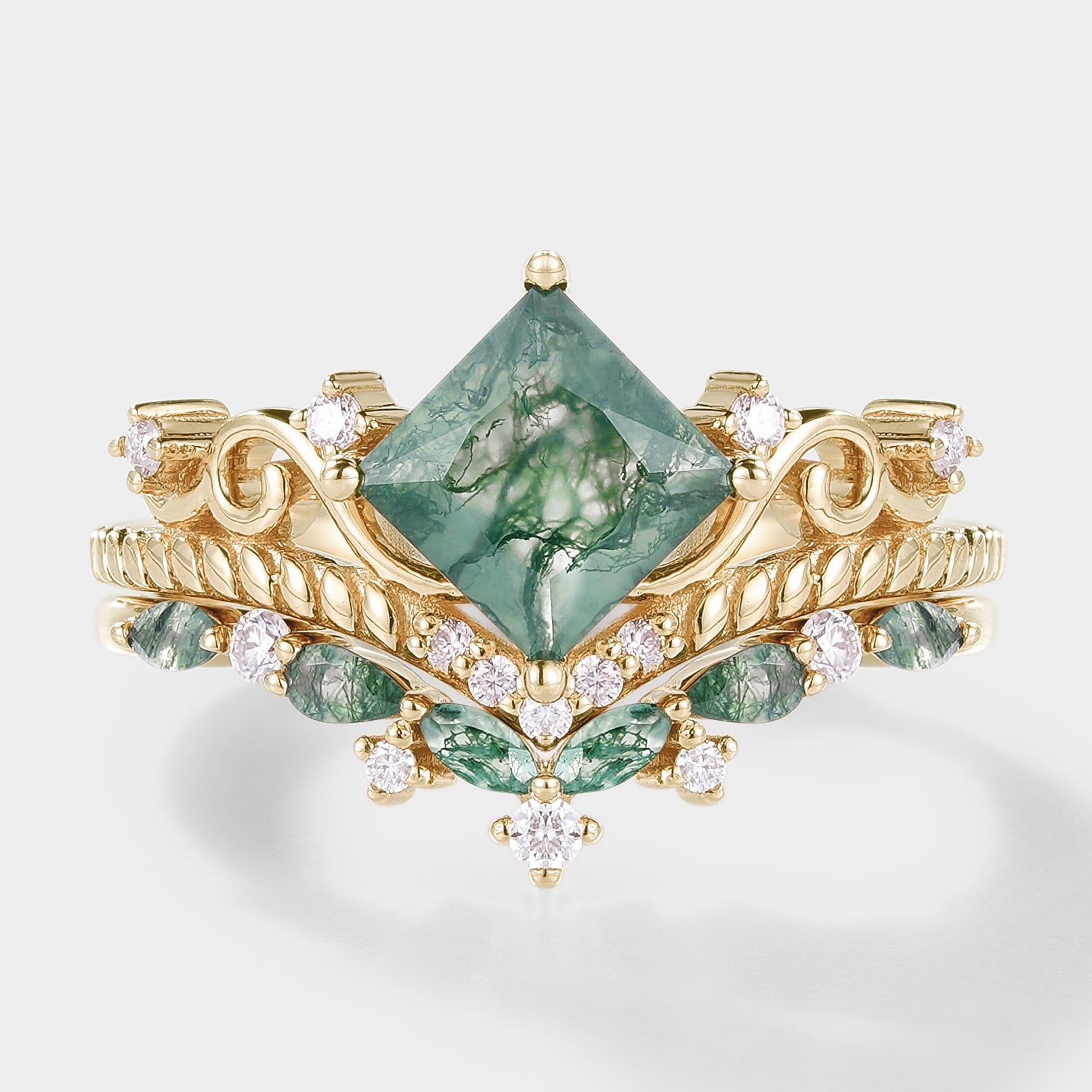 Vintage moss agate bridal ring set with moissanite accents