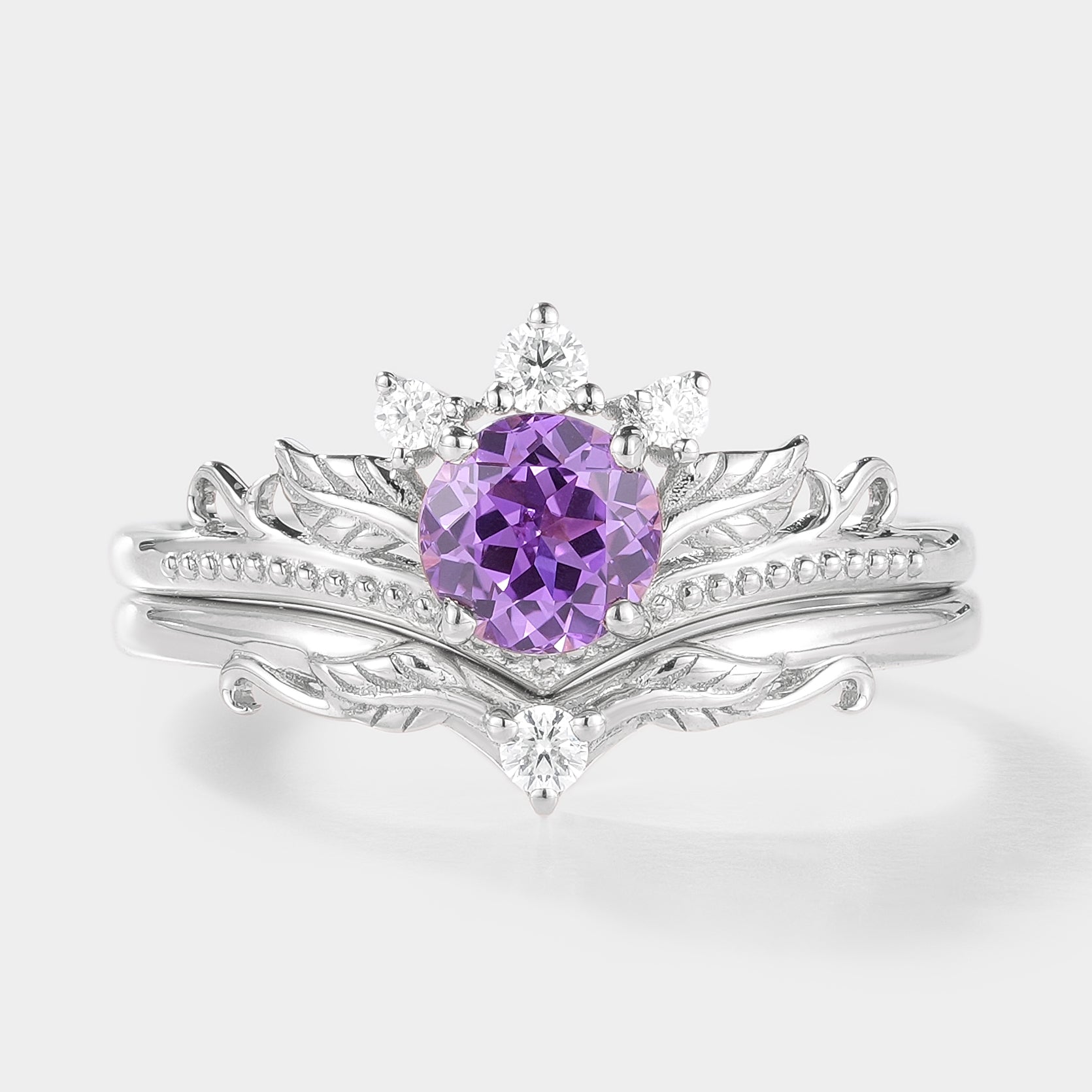 Purple sapphire and moissanite leaf engagement ring set