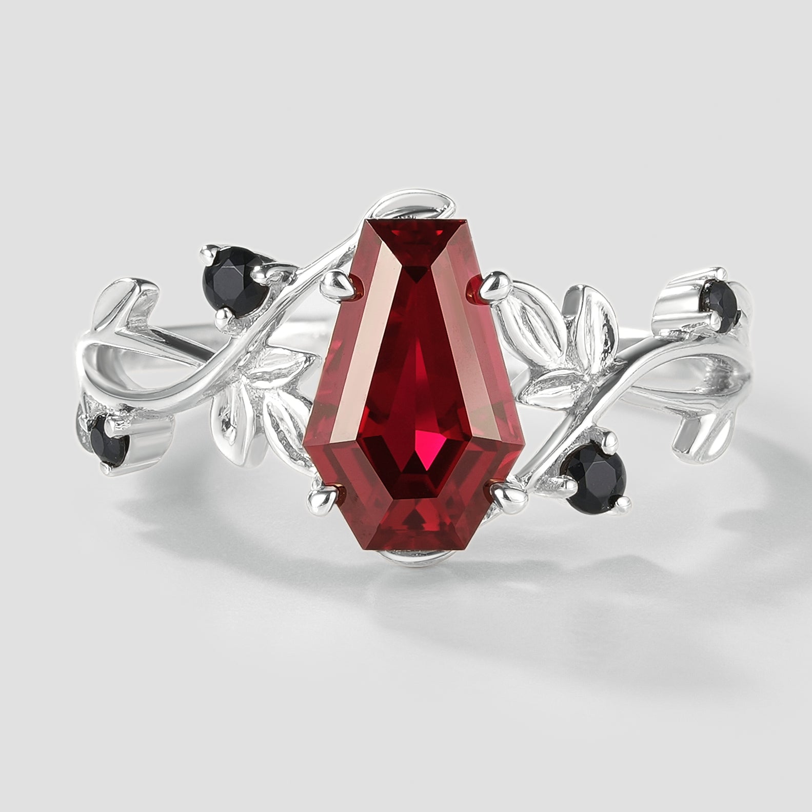 Unique Design Coffin Cut Ruby Ring with Leaf Accents