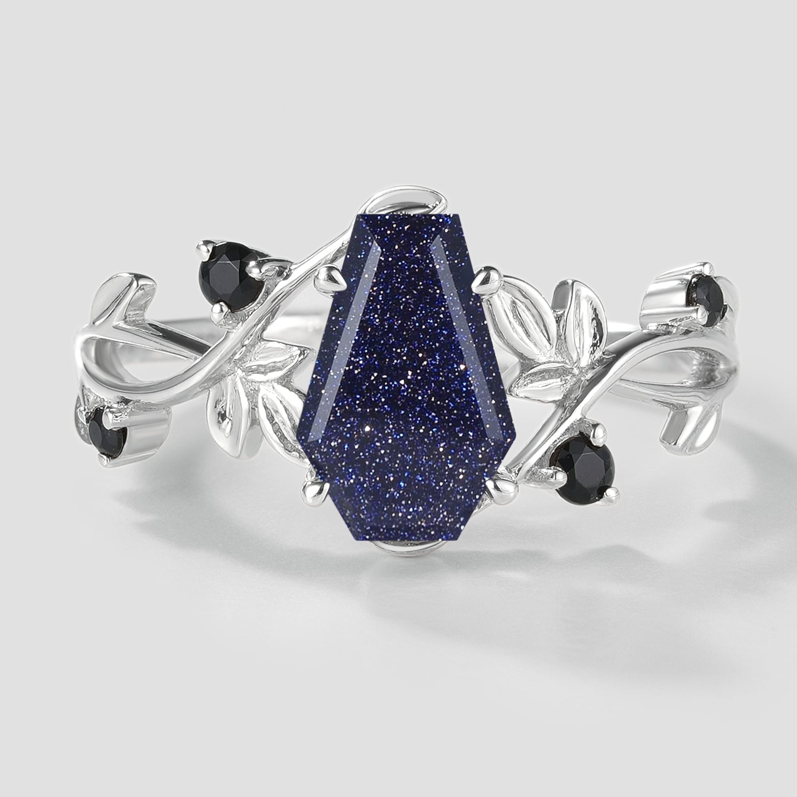Blue Sandstone Coffin Cut Engagement Ring with Leaf Design