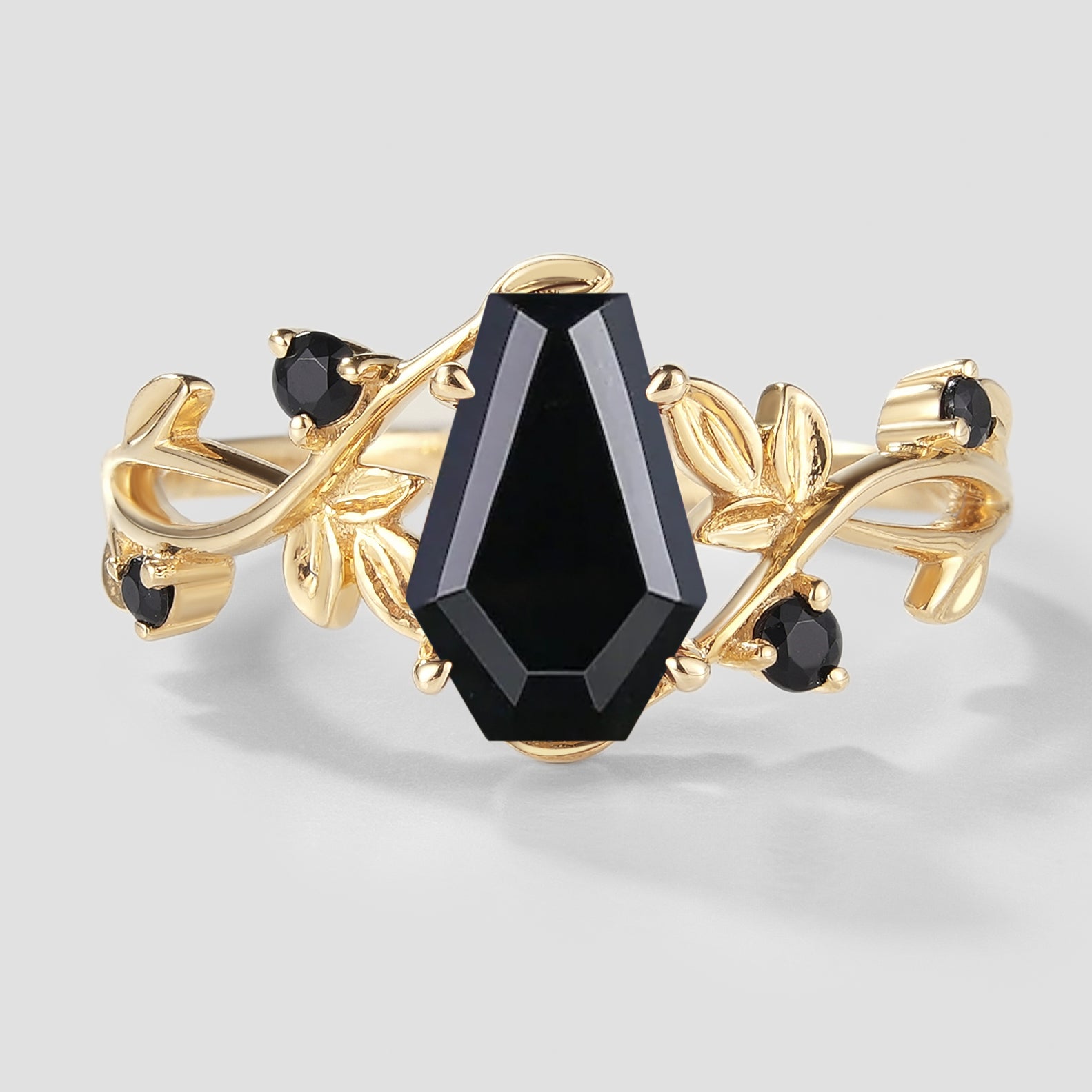 Coffin Cut Black Onyx Leaf Engagement Ring