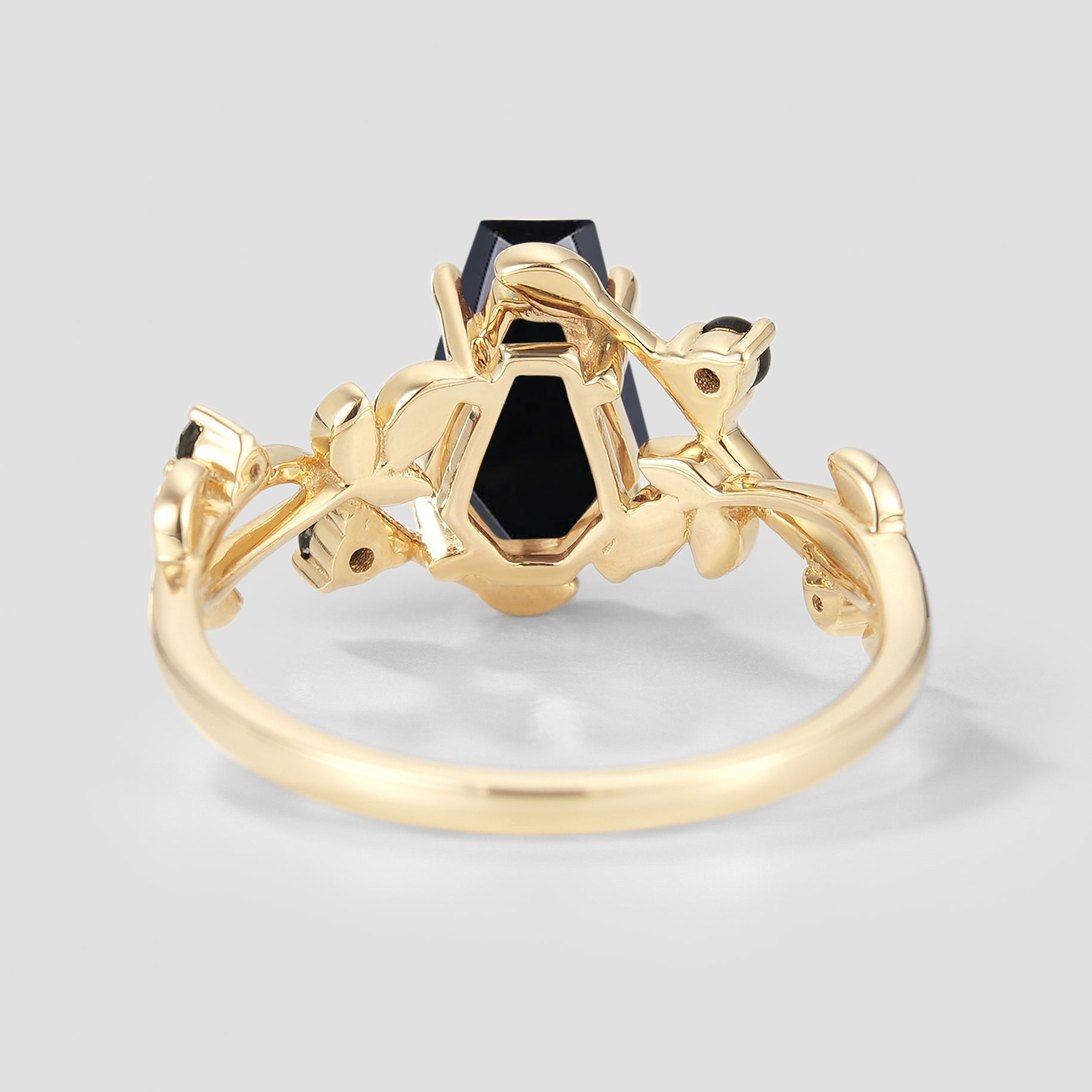 Black Onyx Coffin Cut Engagement Ring with Leaf Design