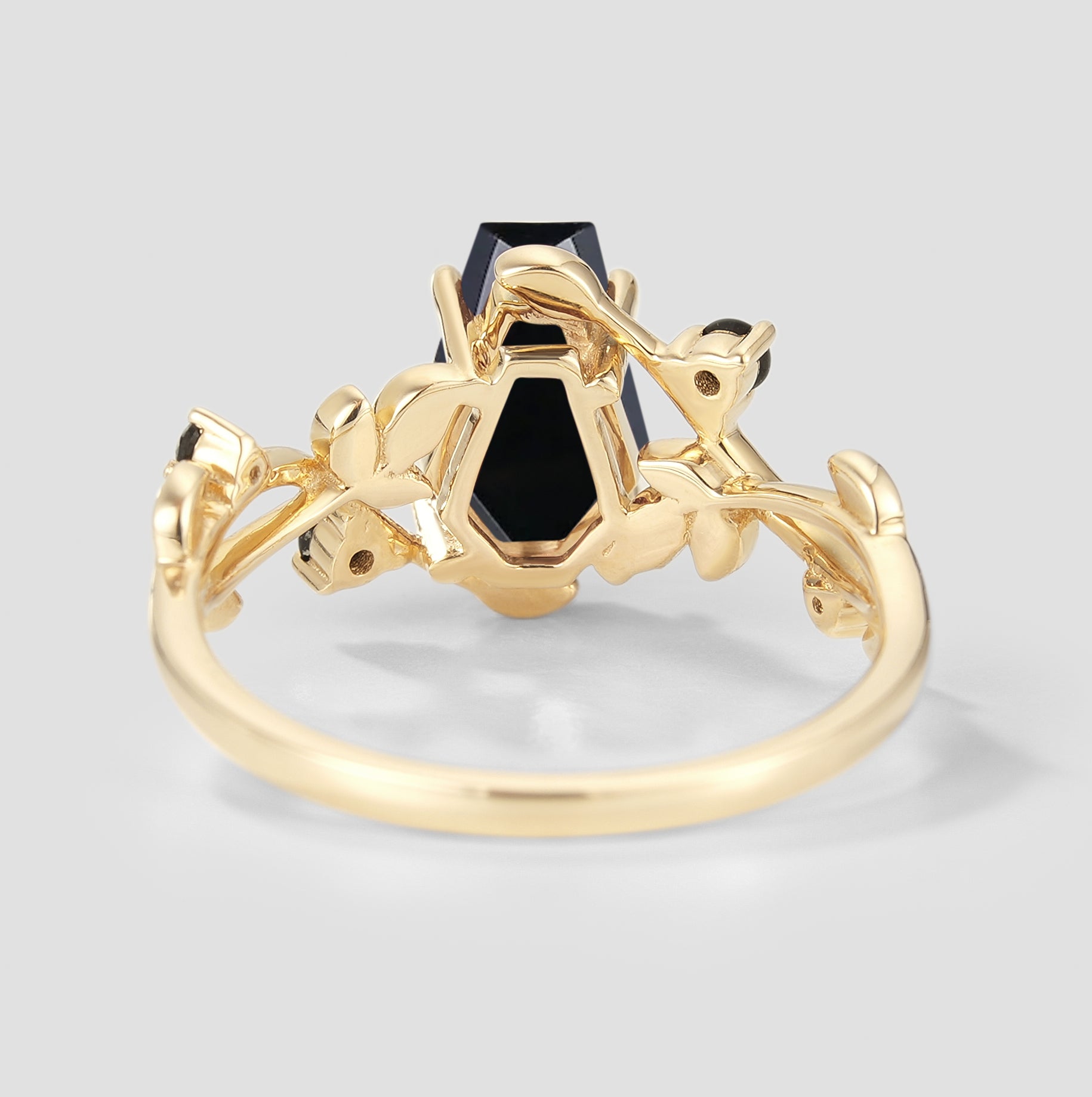 Black Onyx Coffin Cut Engagement Ring with Leaf Design