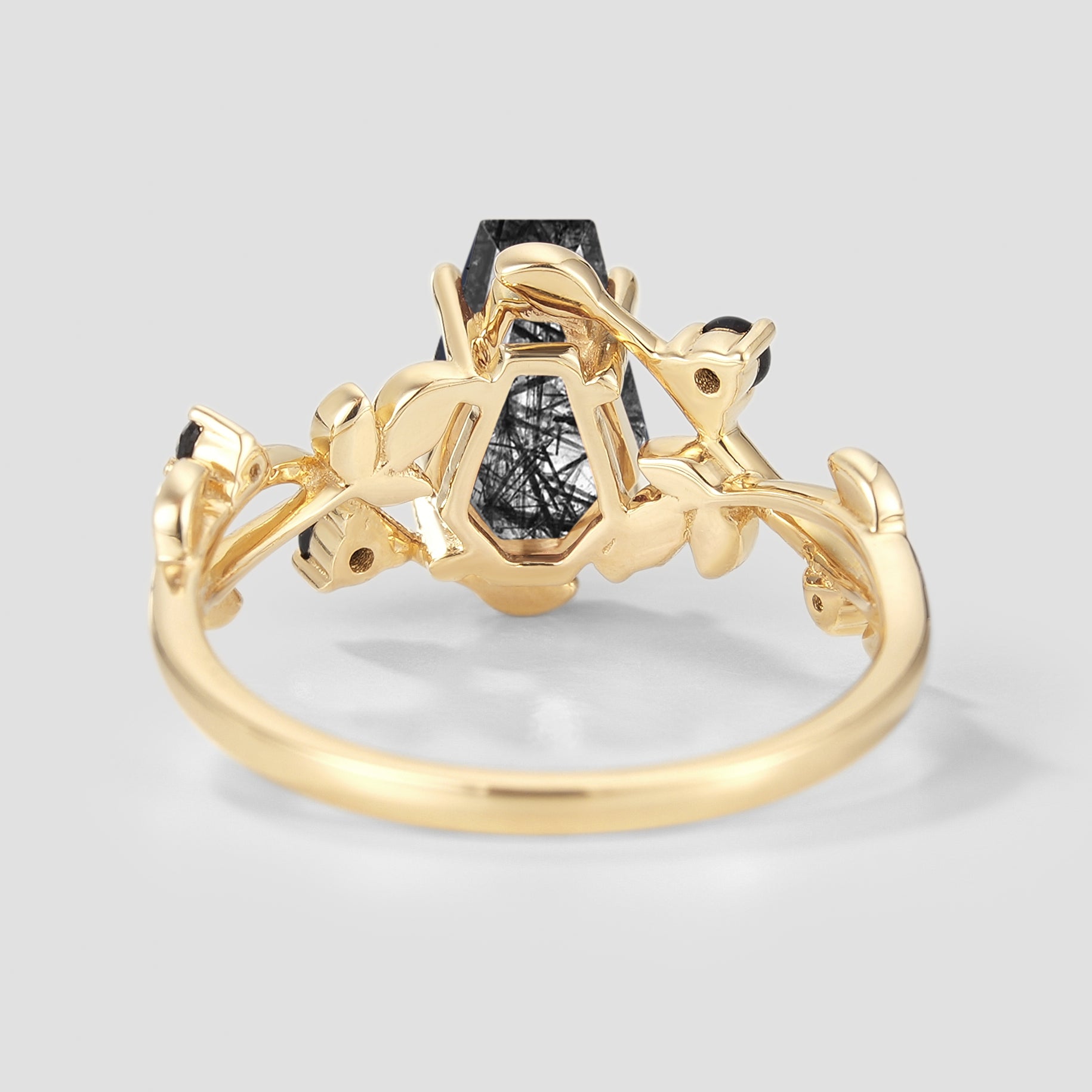 Gold Coffin Cut Black Rutilated Quartz Engagement Ring with Leaf Accents