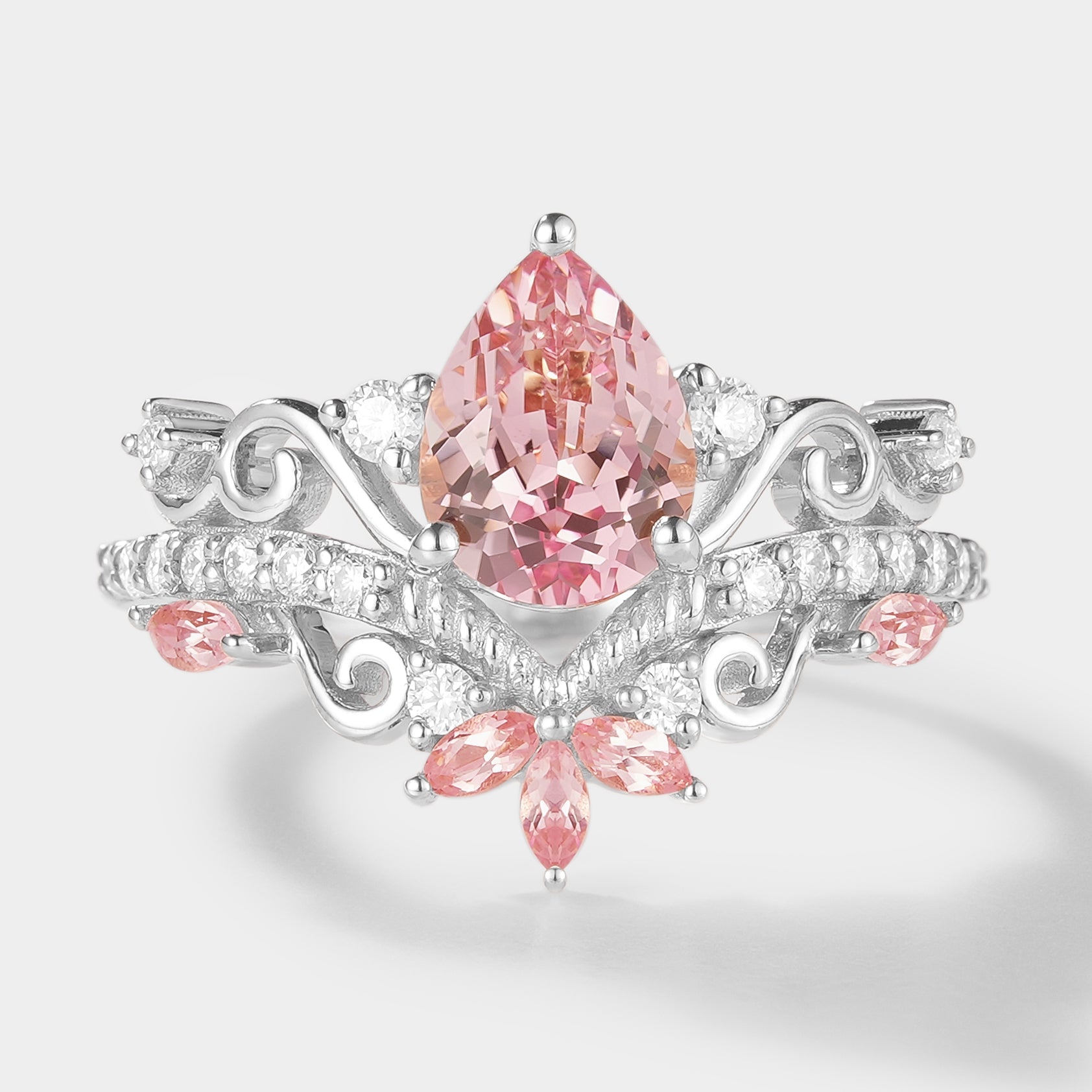 Nature-Inspired Pear Cut Pink Sapphire Engagement Ring Set