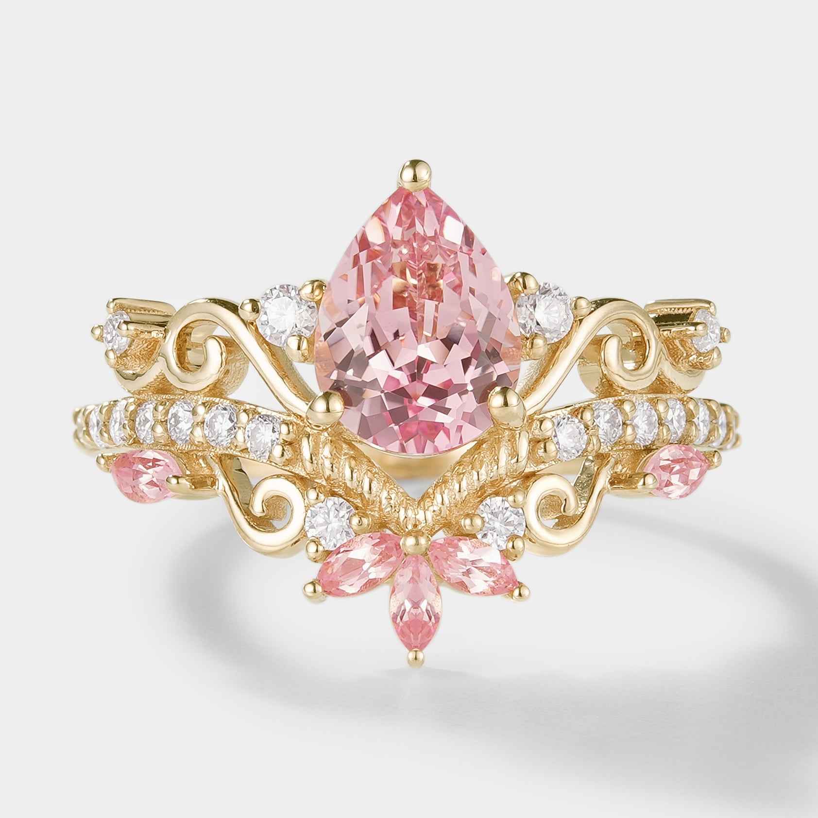 Custom Marquise Cut Lab Padparadscha Pink Sapphire Engagement Ring For