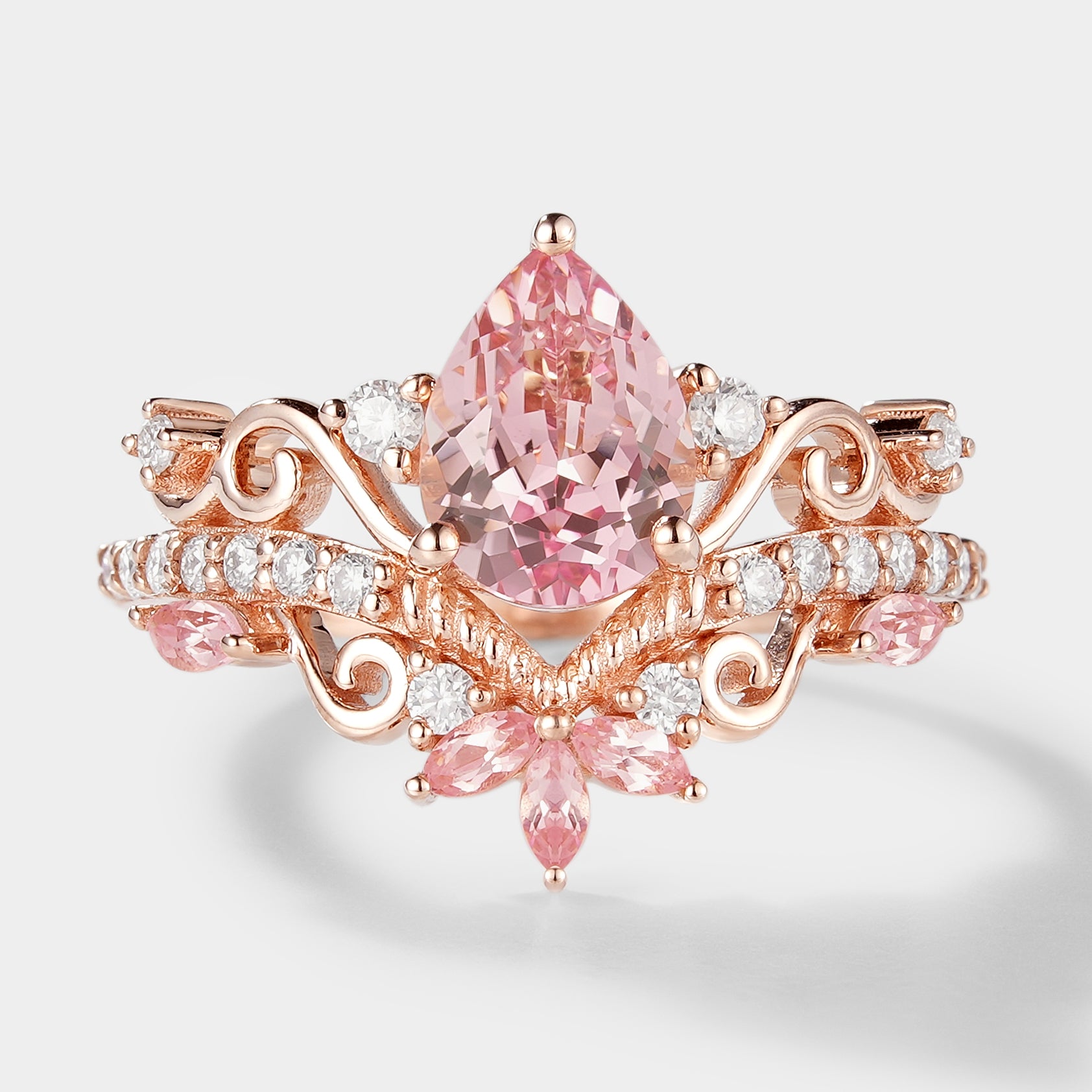 Pear Cut Lab Padparadscha Pink Sapphire Engagement Ring Set