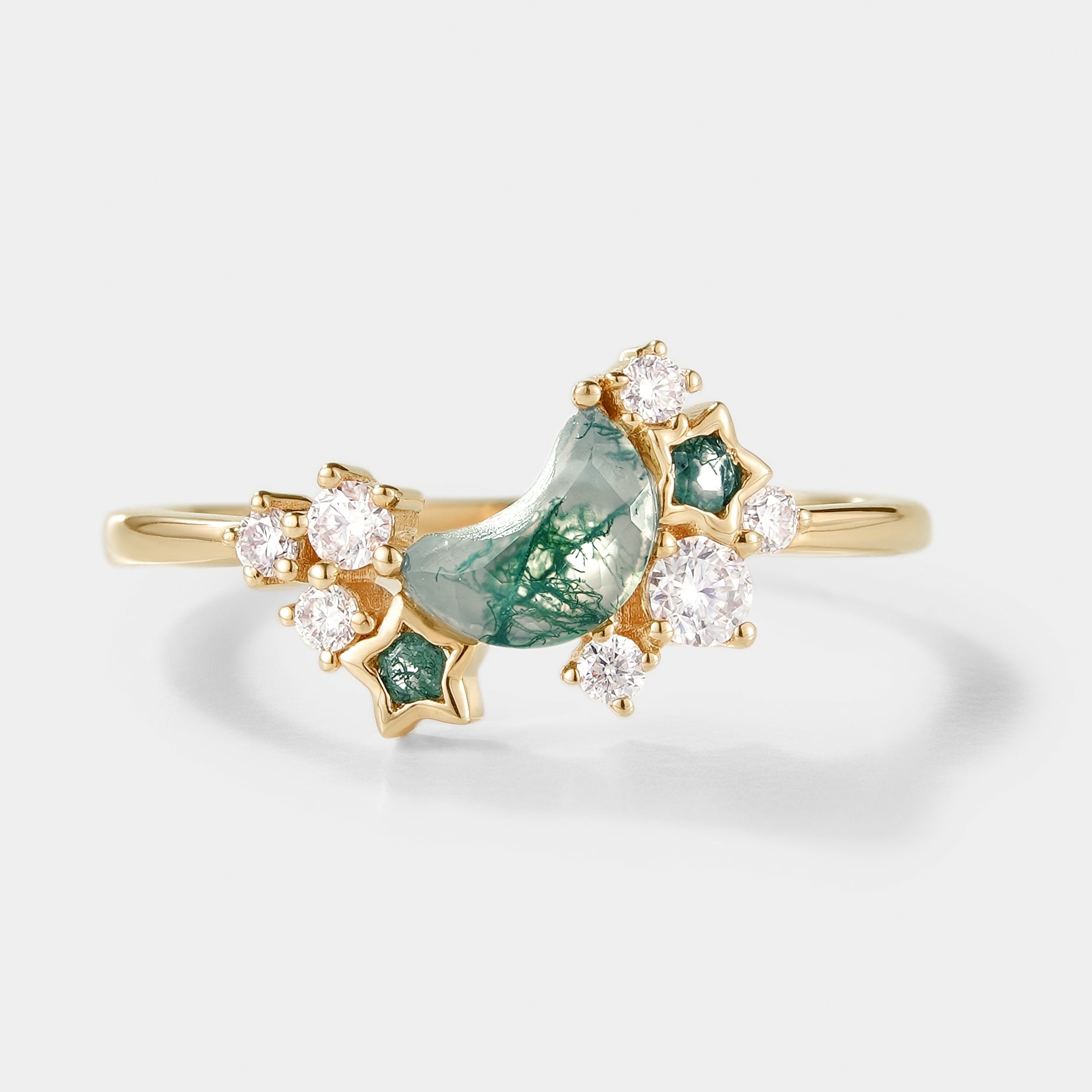 Gold celestial moss agate engagement ring with stars and moon