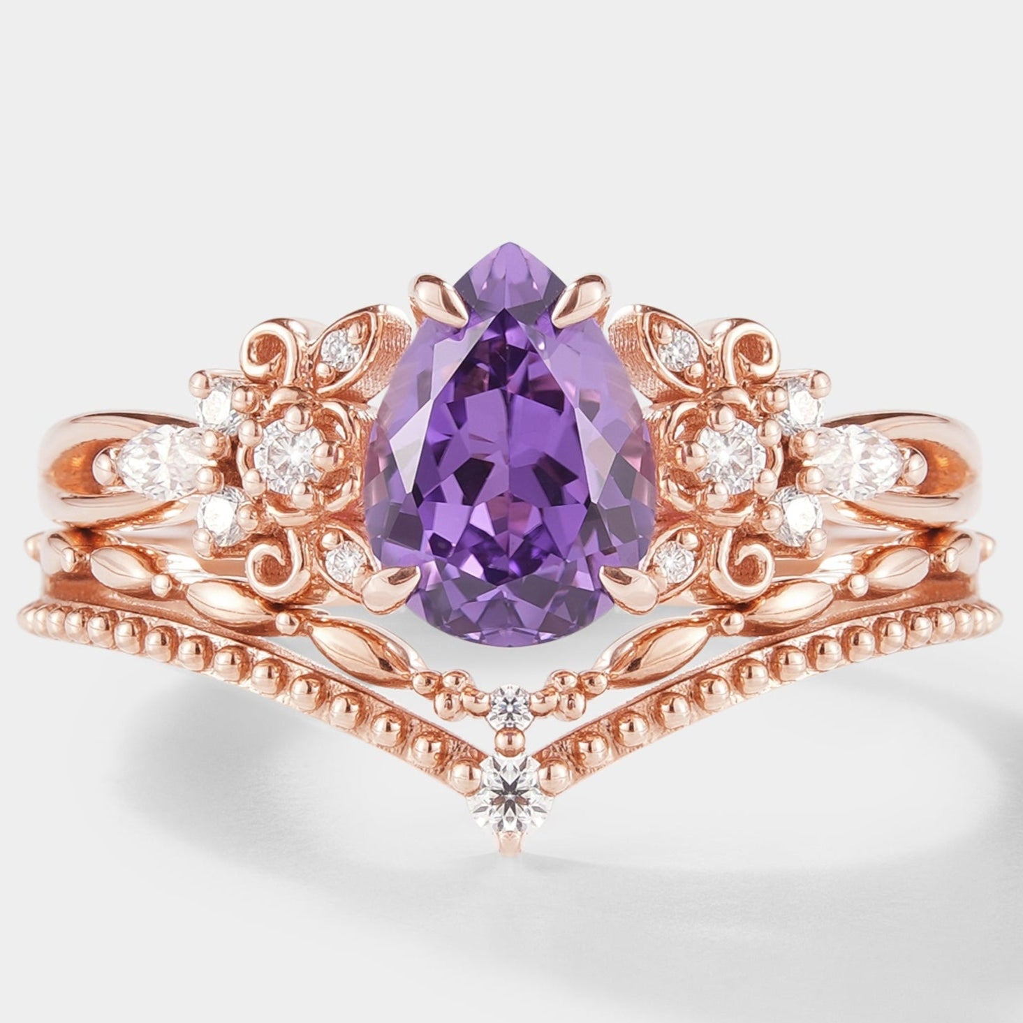 Pear Cut Purple Sapphire Engagement Ring Set